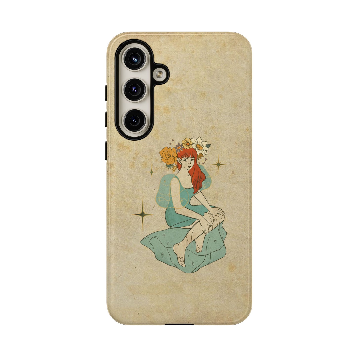 Vintage Aesthetic Phone Case – Cute Girl with Flower Crown | Minimal Beige Cover for iPhone, Samsung & Pixel