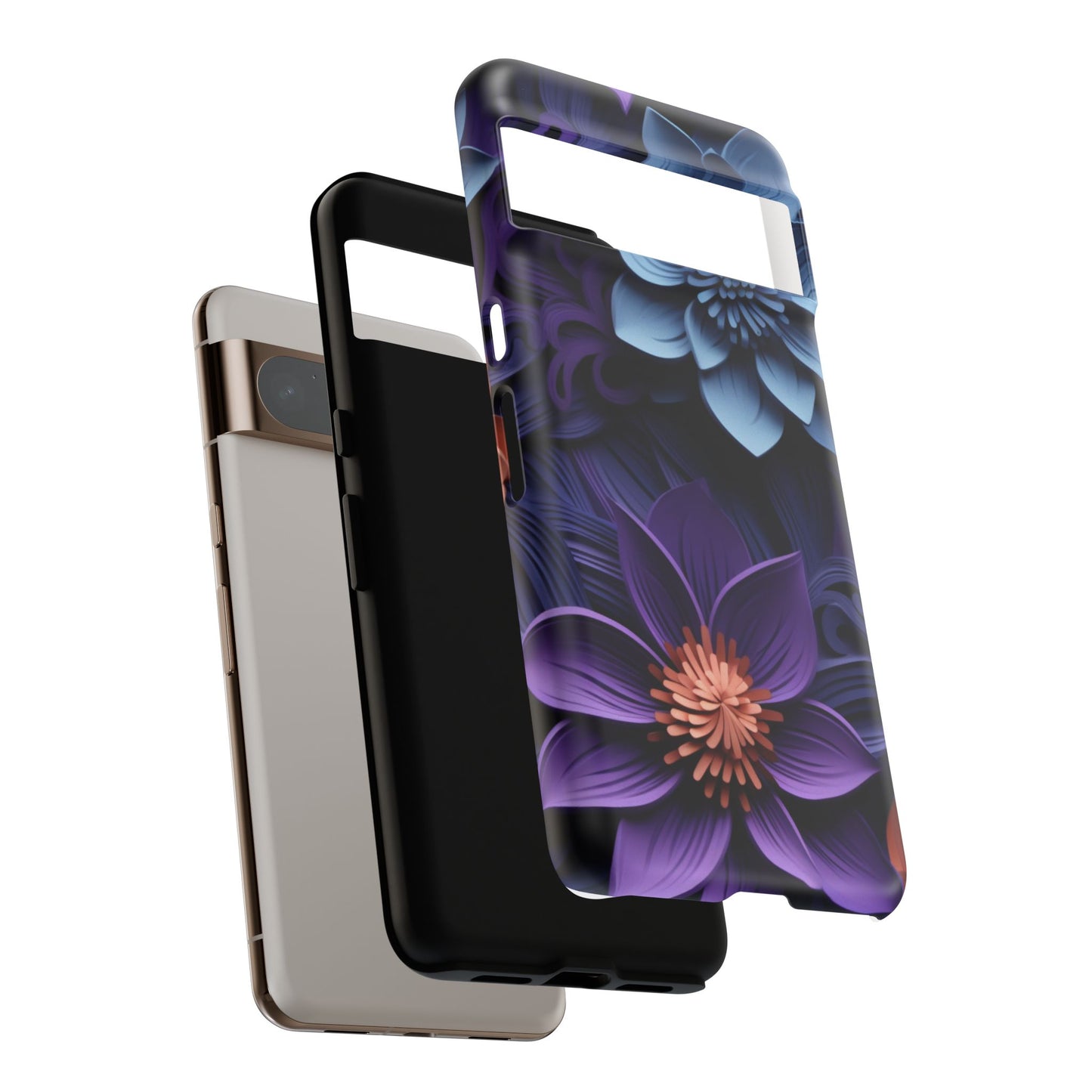 3D Floral Elegance Mobile Case – Midnight Blue & Purple Bloom