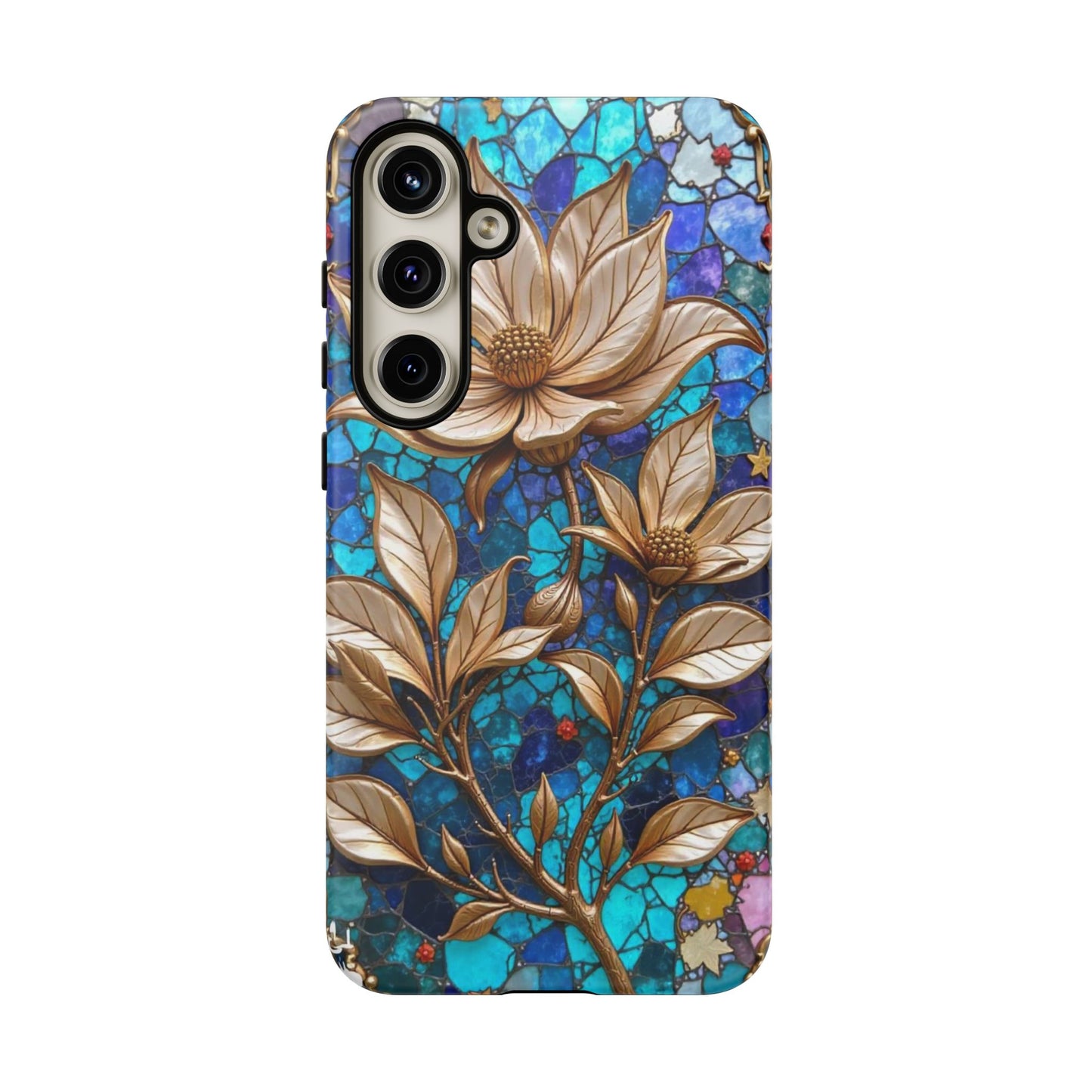 Golden Blossoms on Mosaic Blue Elegance