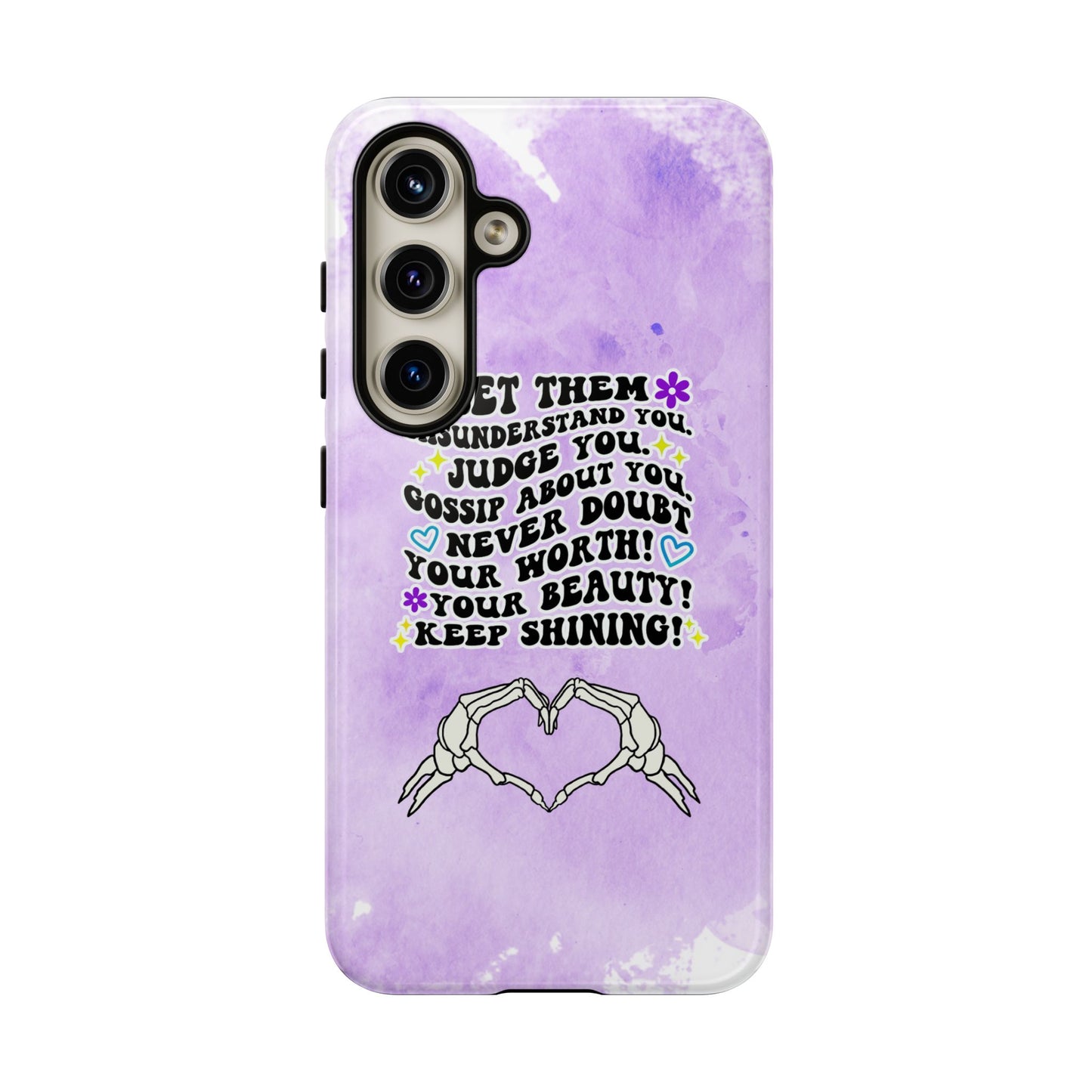 Skeleton Hand Heart Phone Case, Let Them Misunderstand You, Judge You, Gossip About You, Never Doubt Your Worth, Your Beauty Keep Shining Phone Case, Motivational Quote Cover for iPhone, Samsung & Google Pixel White Peach Checkered Pattern Phone Cover