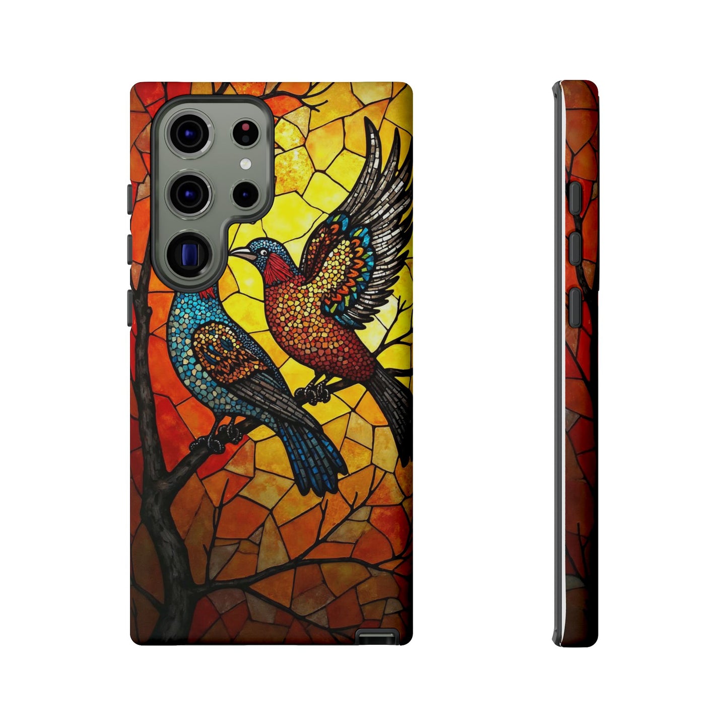 Vibrant Hummingbirds with Stained Glass Charm