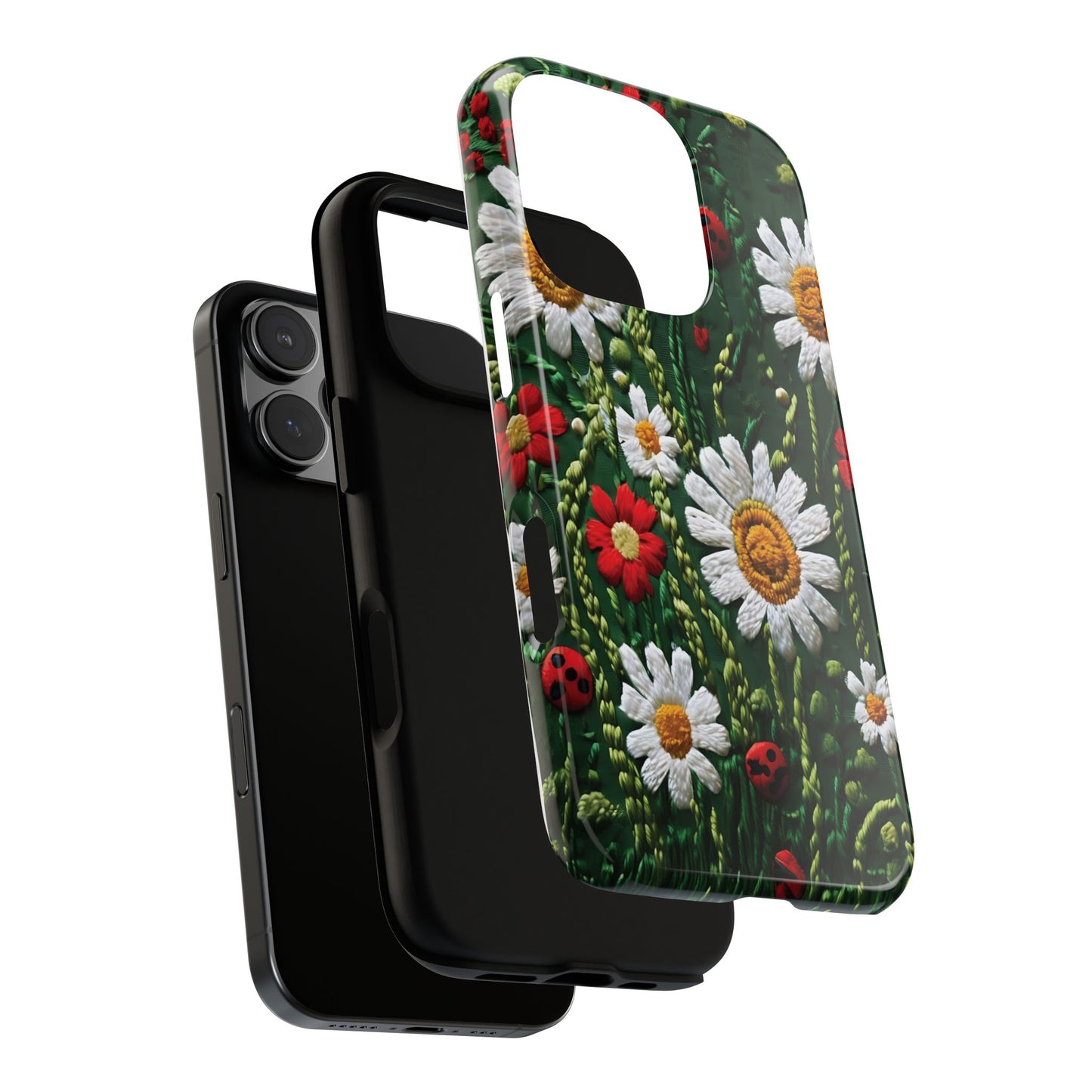 Intricate Embroidered Fabric Featuring Daisies And Ladybugs phone case design