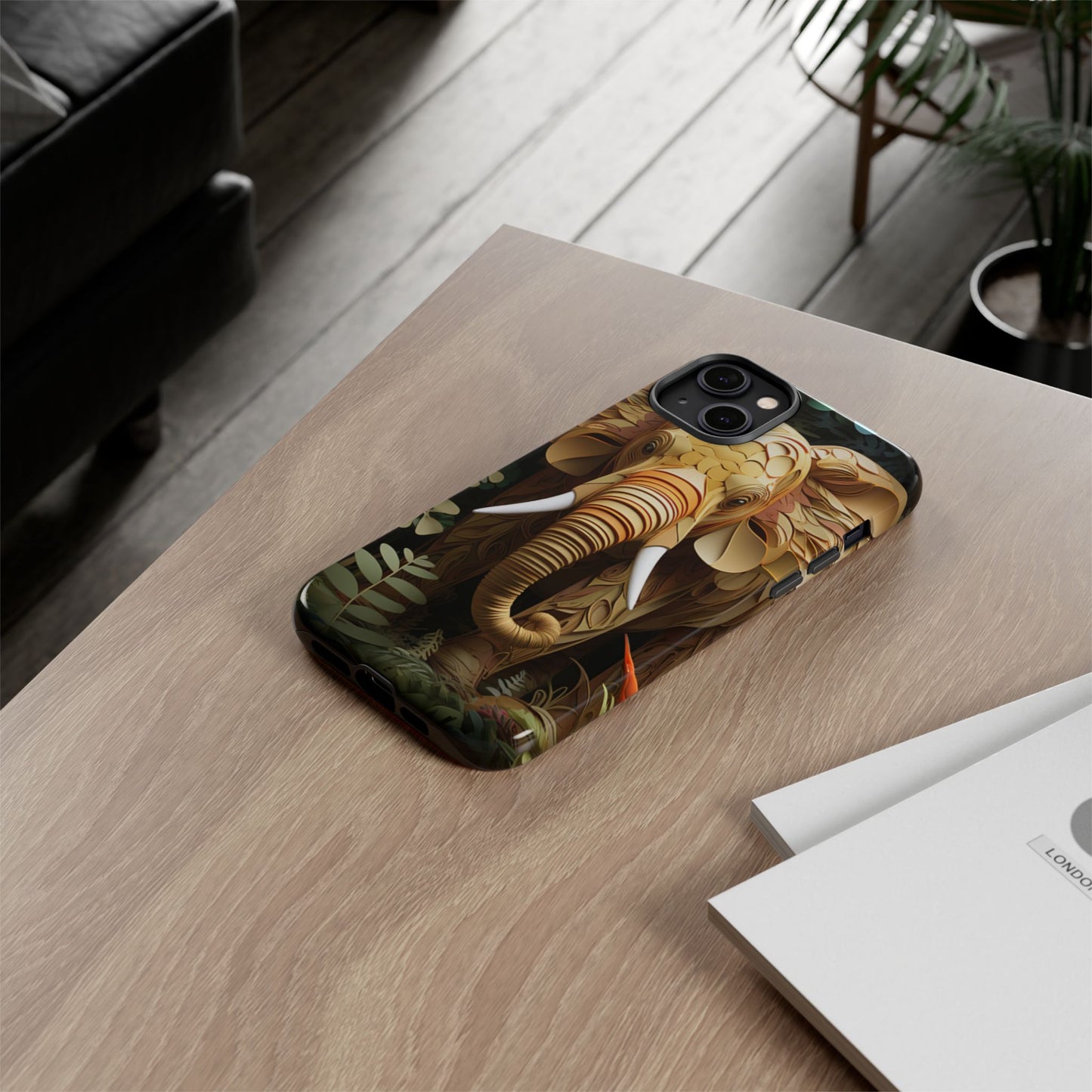 Golden Jungle Elephant Mobile Cover – Intricate Paper Art Design