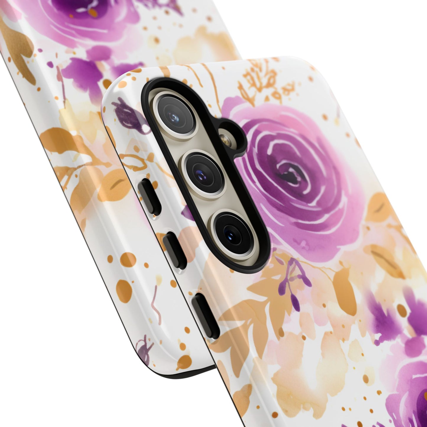Purple Bloom Watercolor Mobile Case – Artistic Elegance in Gold & Lilac