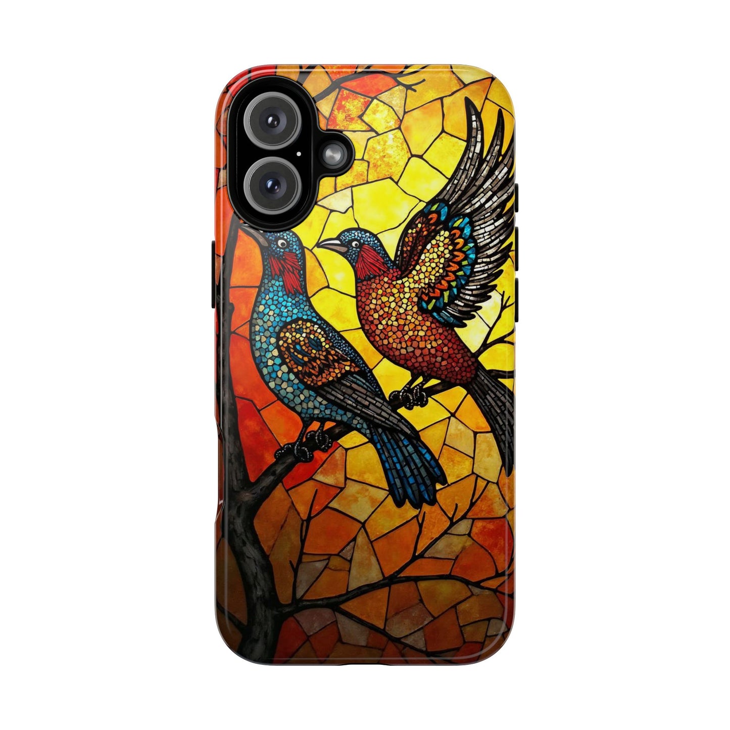 Vibrant Hummingbirds with Stained Glass Charm