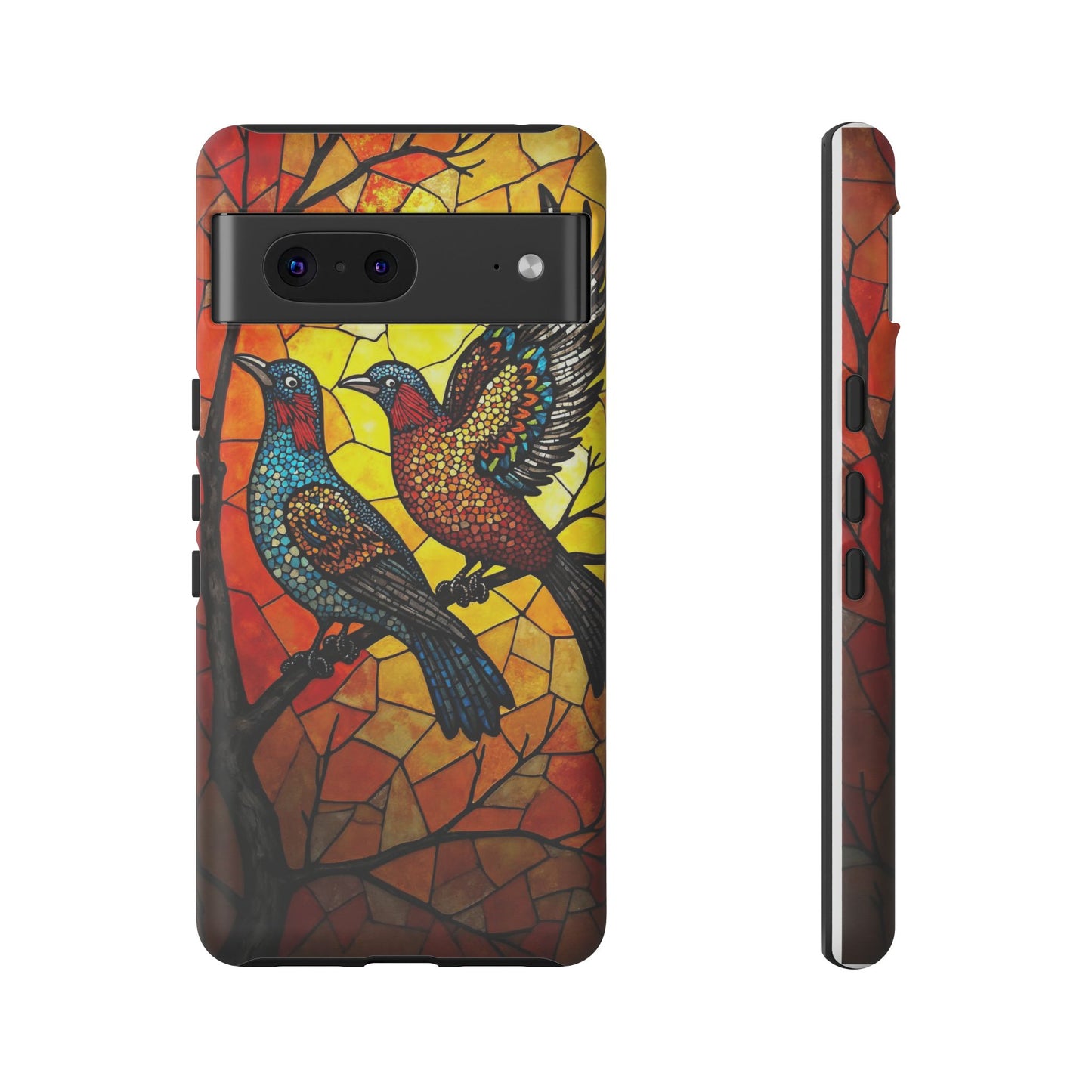 Vibrant Hummingbirds with Stained Glass Charm