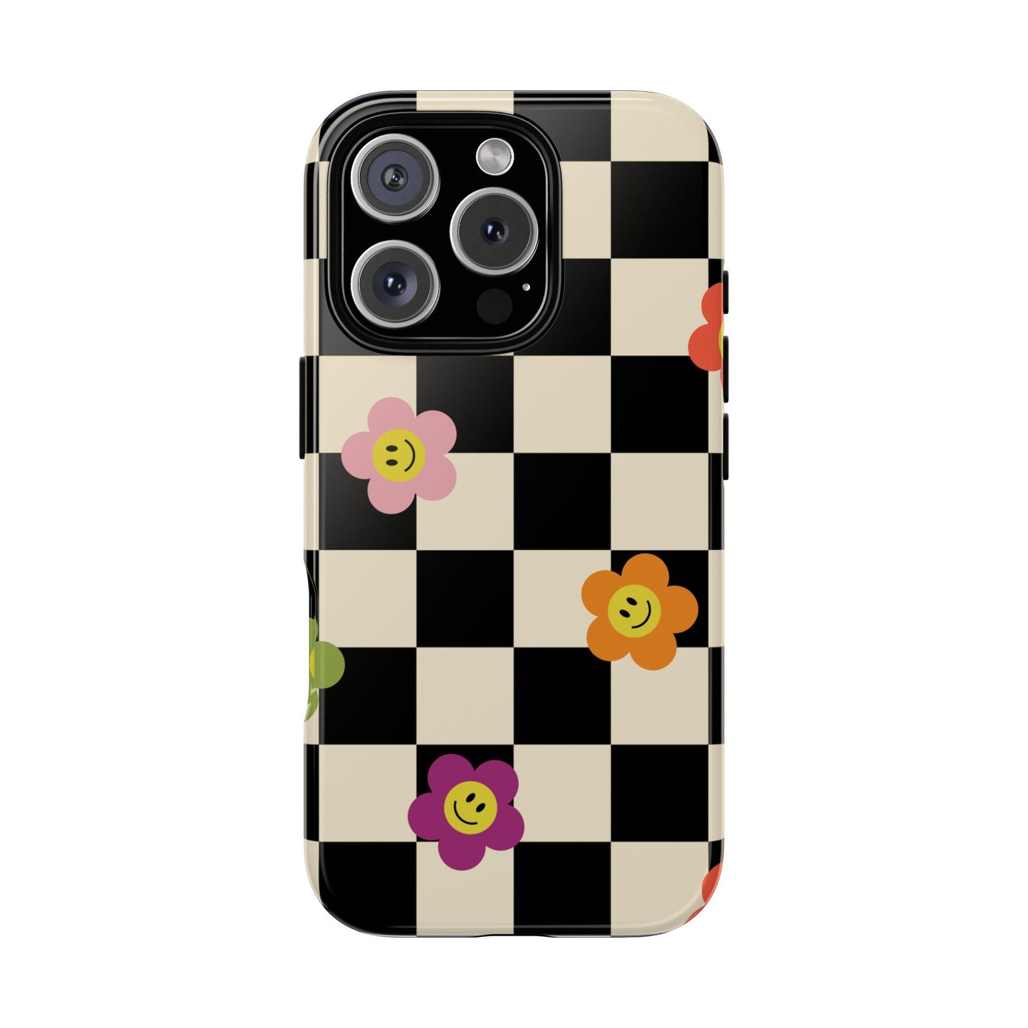 Retro Floral Phone Case – Vintage Flowers on Black & Beige Tiles, Chess Phone Case | For iPhone, Samsung & Google Pixel
