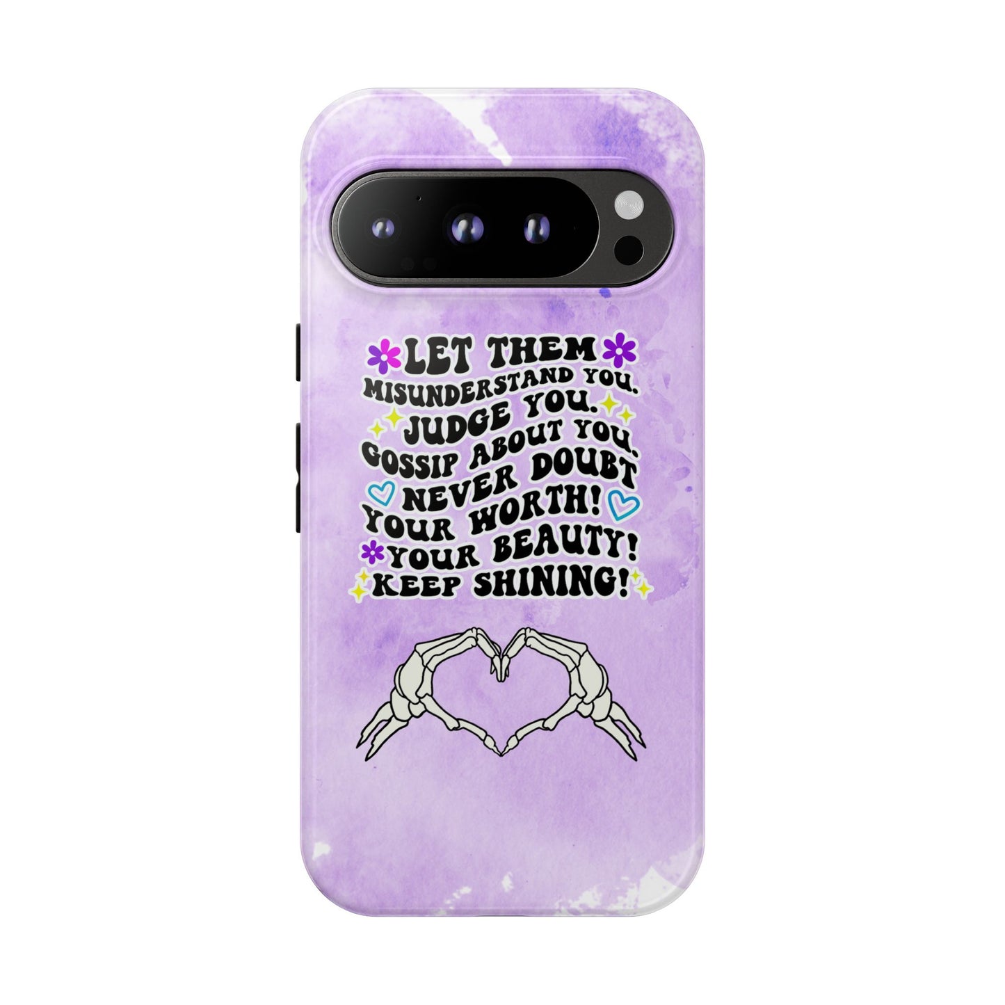 Skeleton Hand Heart Phone Case, Let Them Misunderstand You, Judge You, Gossip About You, Never Doubt Your Worth, Your Beauty Keep Shining Phone Case, Motivational Quote Cover for iPhone, Samsung & Google Pixel White Peach Checkered Pattern Phone Cover