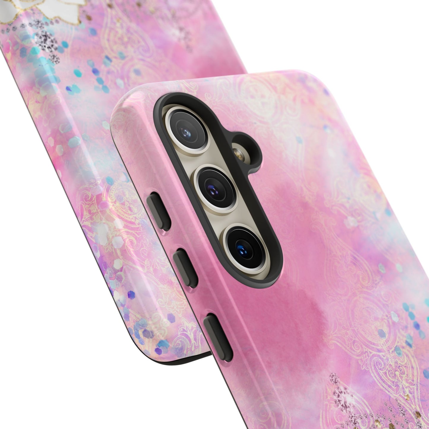 Luxury Pink & White Rose Glitter Mobile Case – Elegant & Shimmering Design