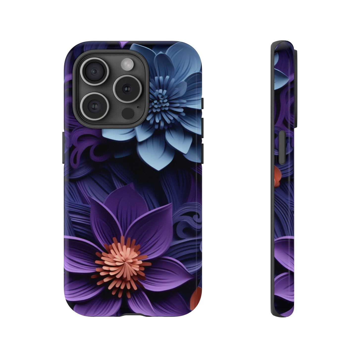 3D Floral Elegance Mobile Case – Midnight Blue & Purple Bloom