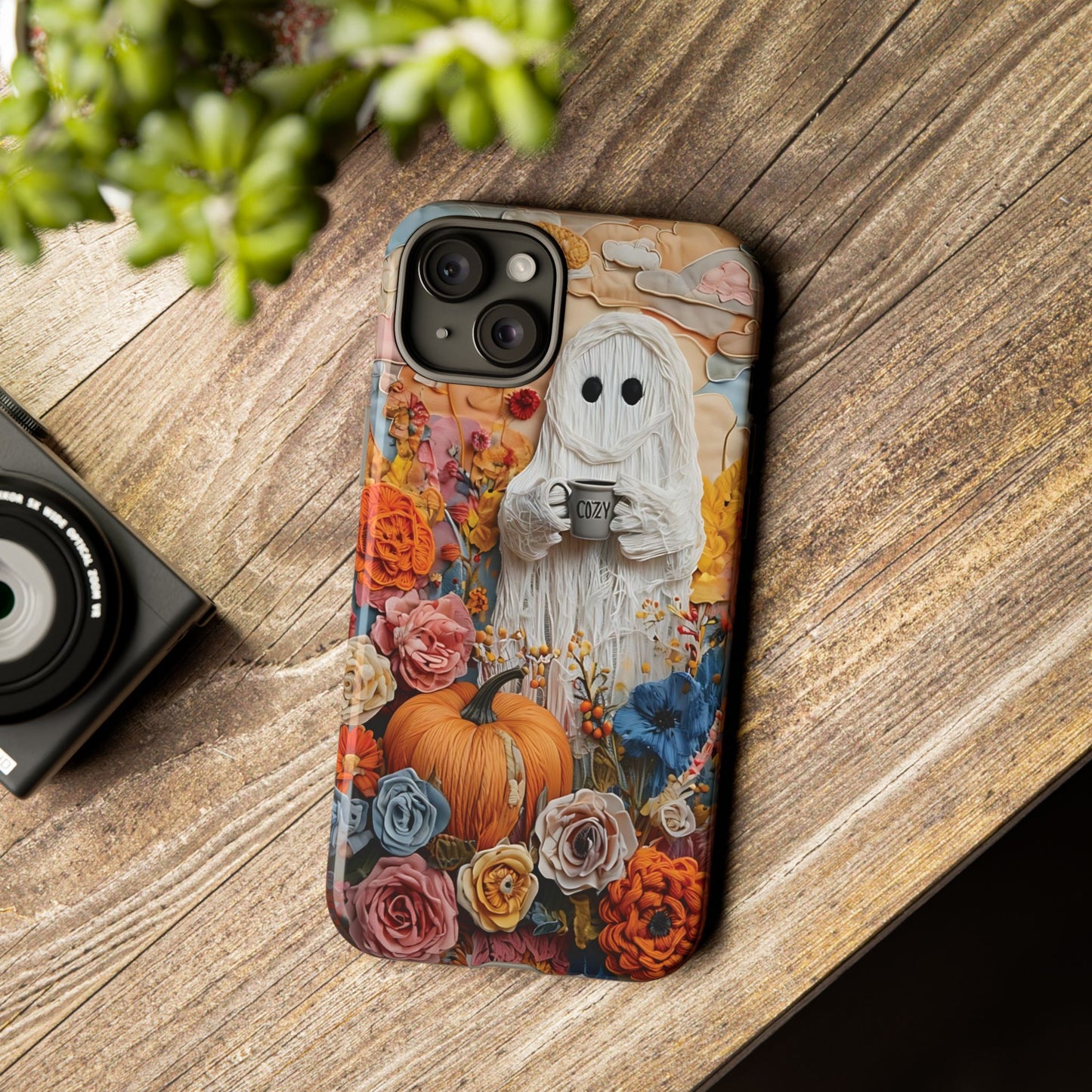 Colorful Whimsical Artwork of Ghost in Autumn Scene phone case design.