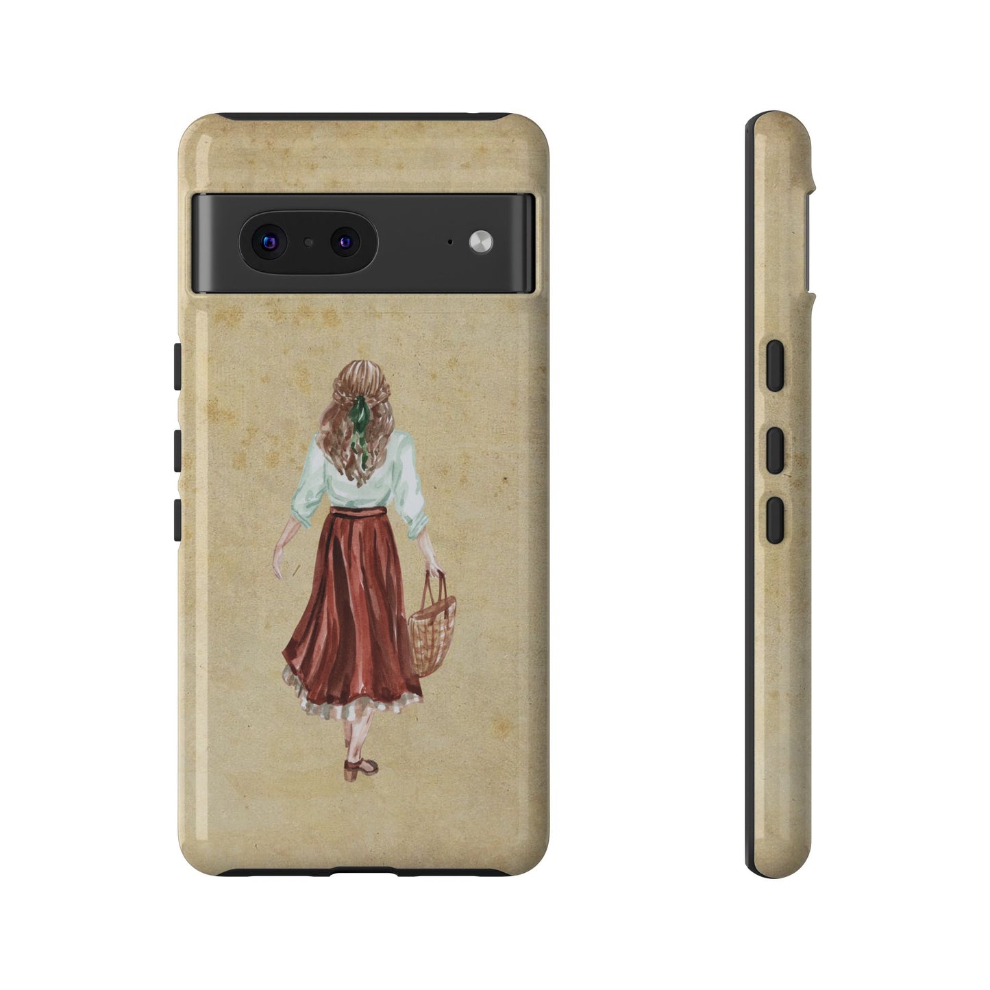 Minimal Vintage Girl with Bag Phone Case – Aesthetic Beige Design for iPhone, Samsung & Google Pixel