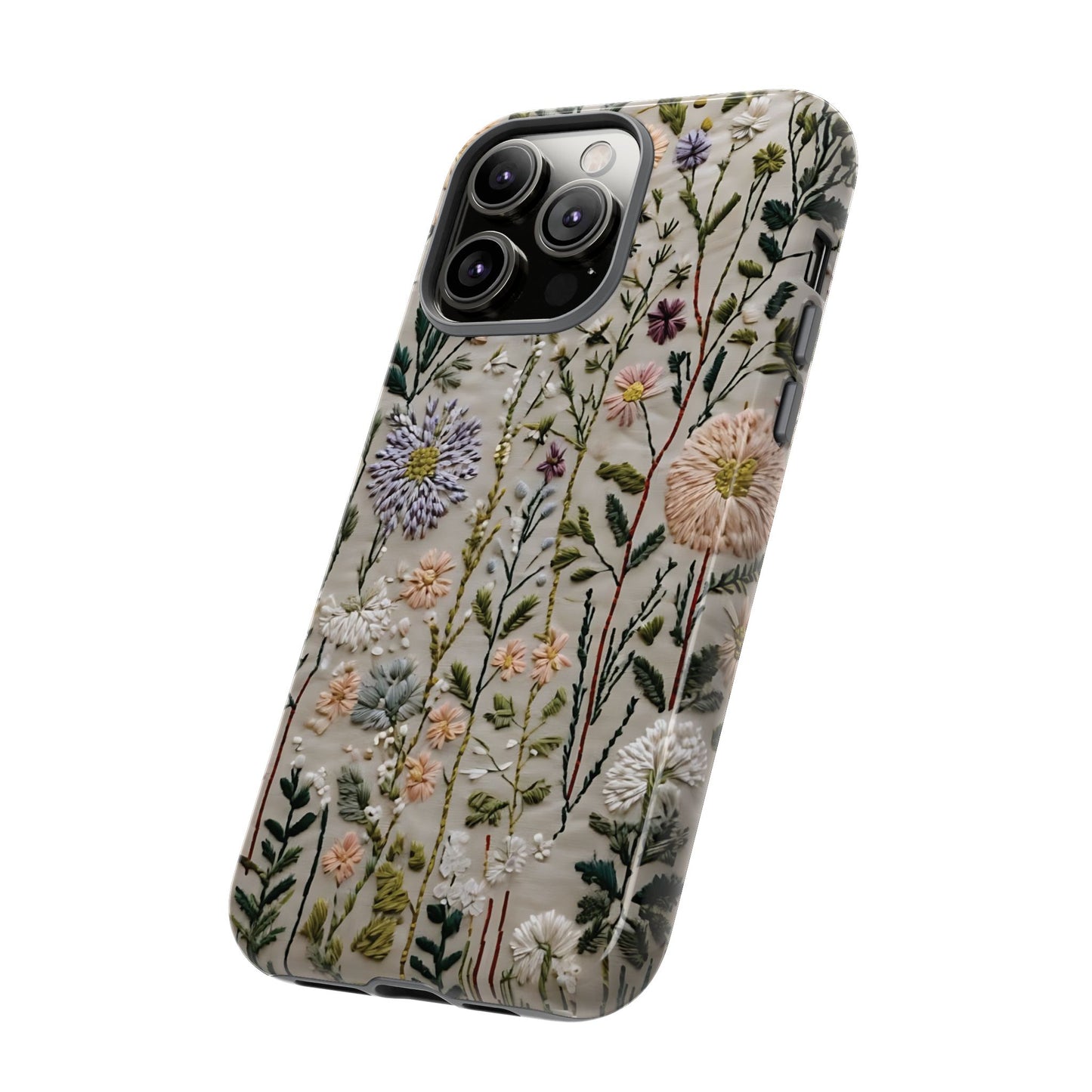 Intricate Embroidery Artwork Featuring Botanical Elements On Beige phone case design.