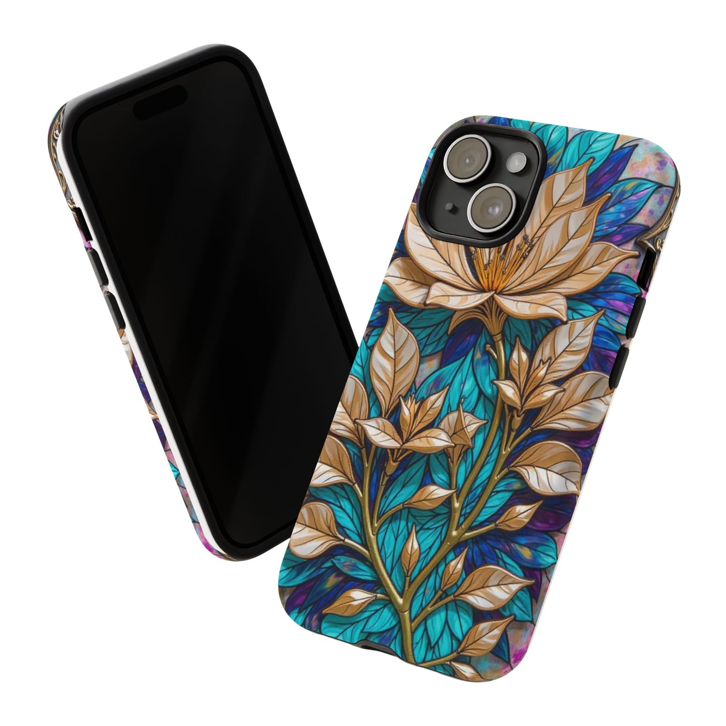 Majestic Golden Blossoms on Mosaic Blue Splendor