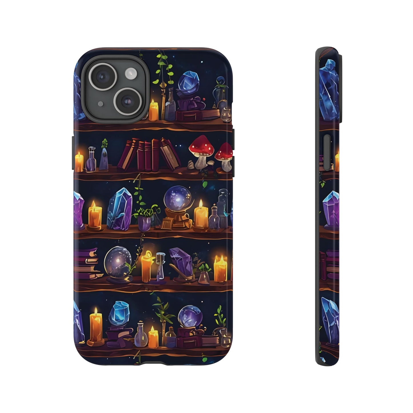Fantasy Seamless Pattern Of Wooden Shelves Filled With Mystical Items phone case design.