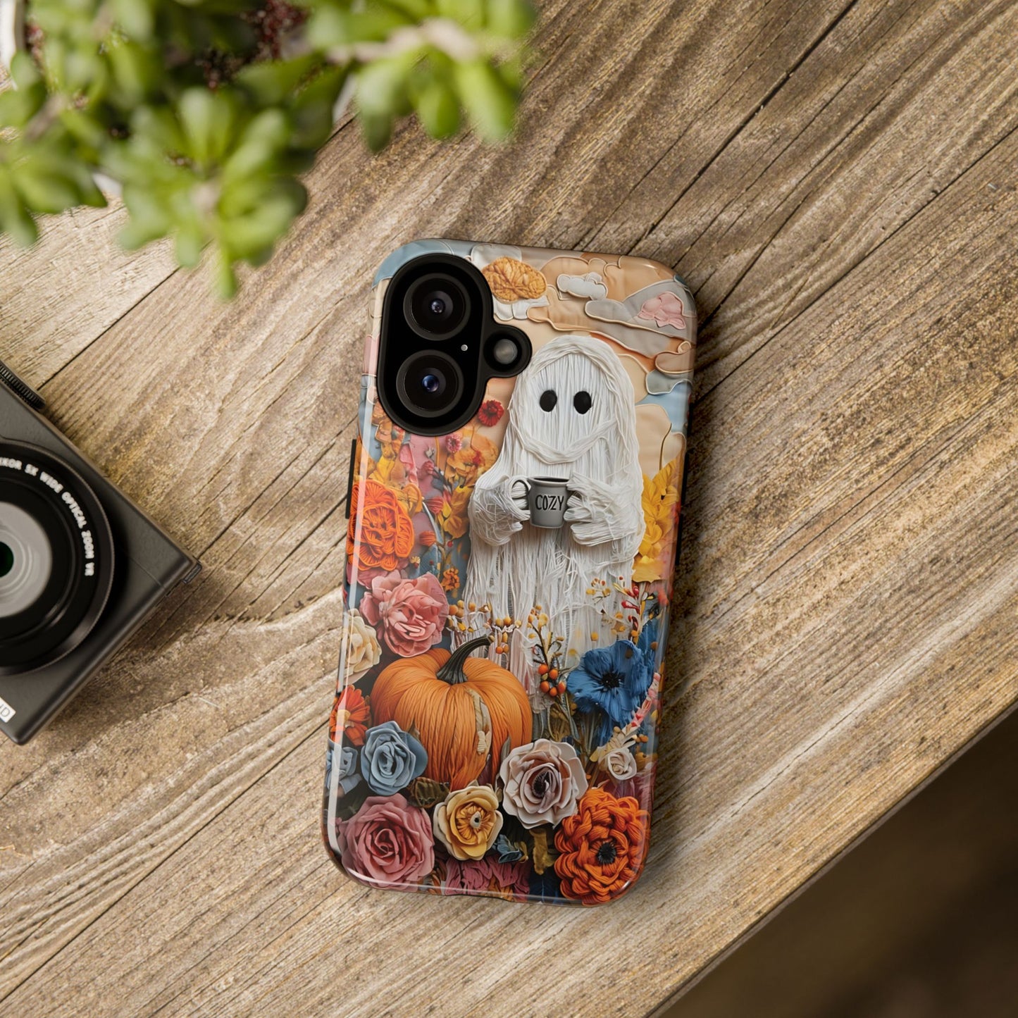 Colorful Whimsical Artwork of Ghost in Autumn Scene phone case design.