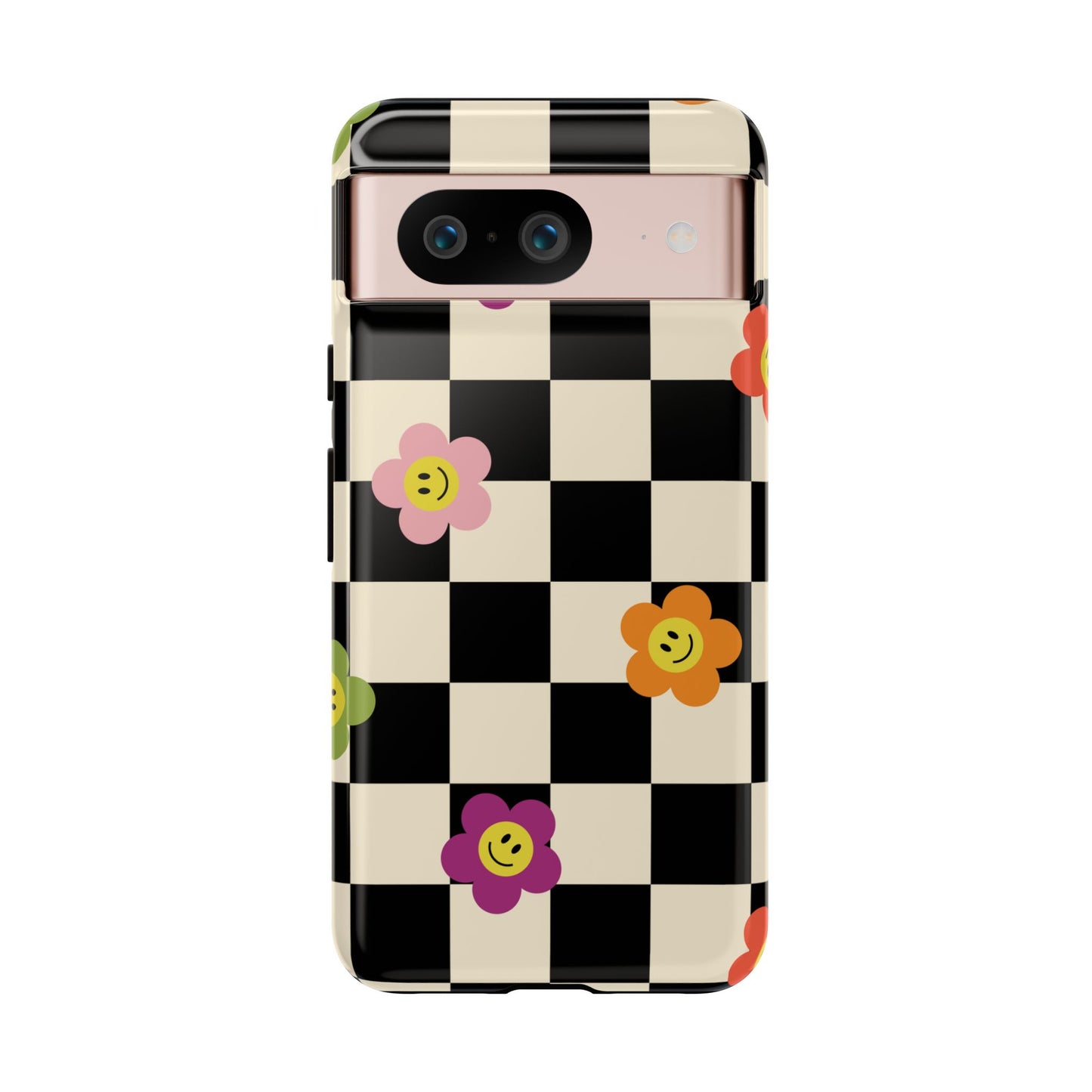 Retro Floral Phone Case – Vintage Flowers on Black & Beige Tiles, Chess Phone Case | For iPhone, Samsung & Google Pixel