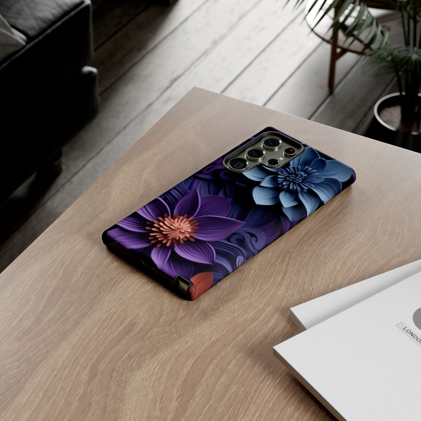 3D Floral Elegance Mobile Case – Midnight Blue & Purple Bloom