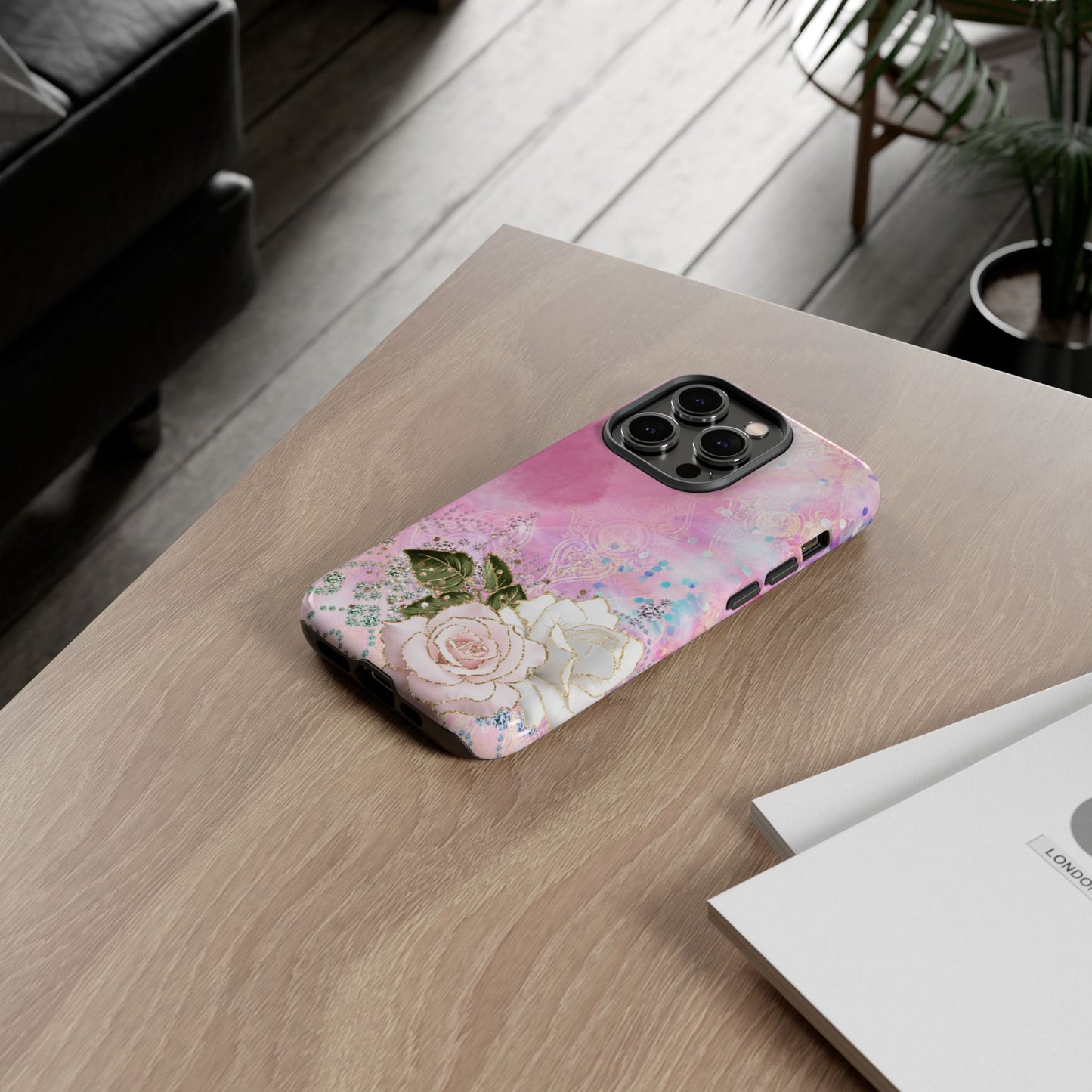 Luxury Pink & White Rose Glitter Mobile Case – Elegant & Shimmering Design