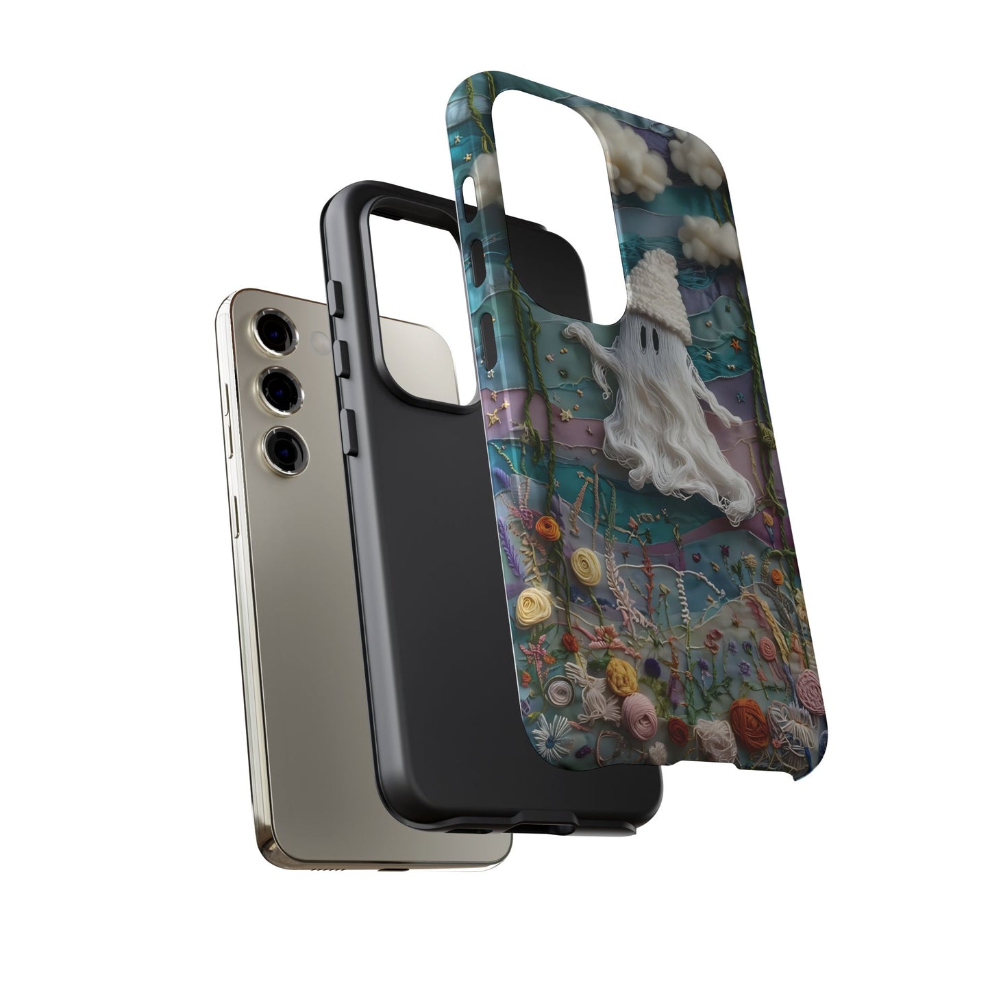 Whimsical Ghost Surrounded By Vibrant Embroidered Flowers phone case design.