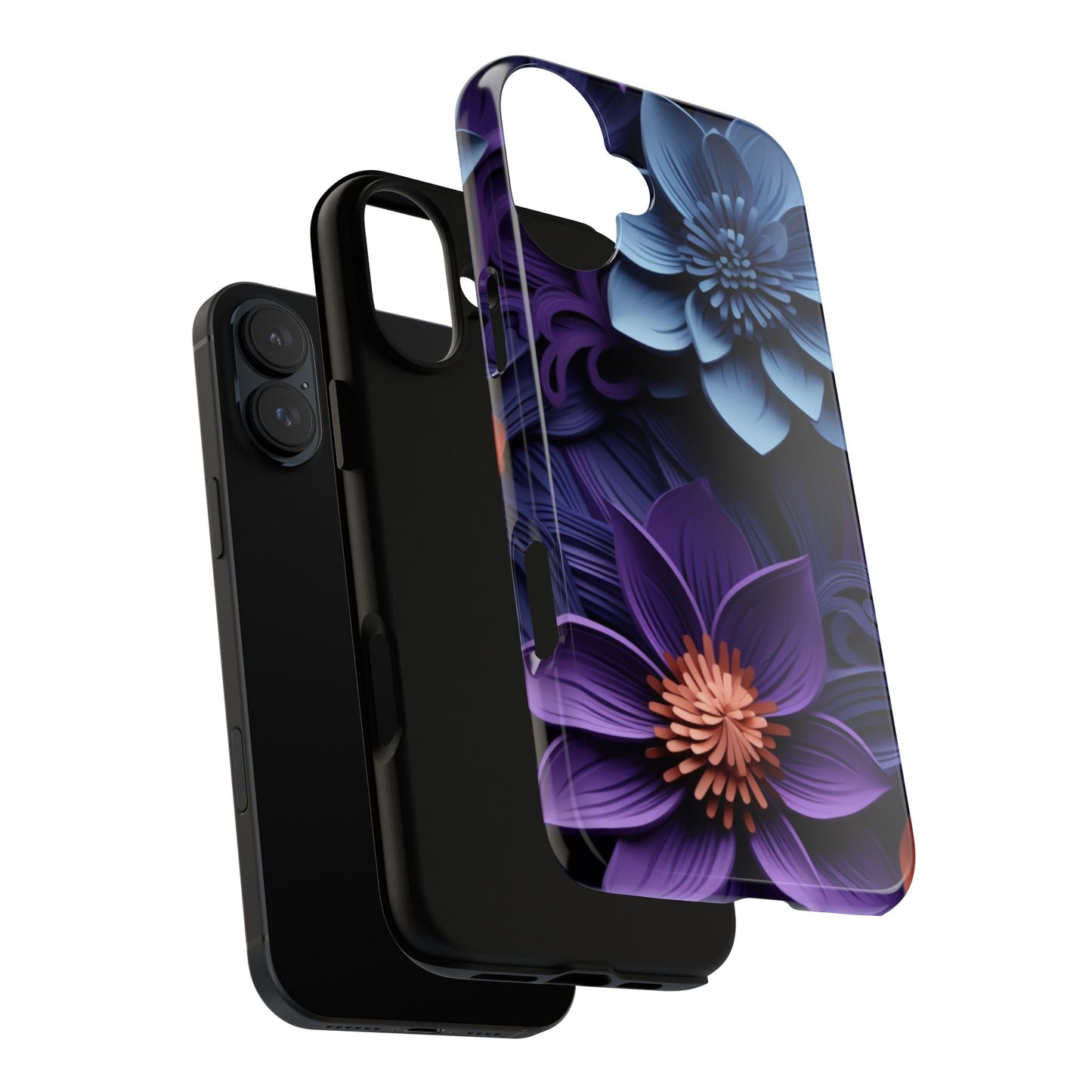 3D Floral Elegance Mobile Case – Midnight Blue & Purple Bloom