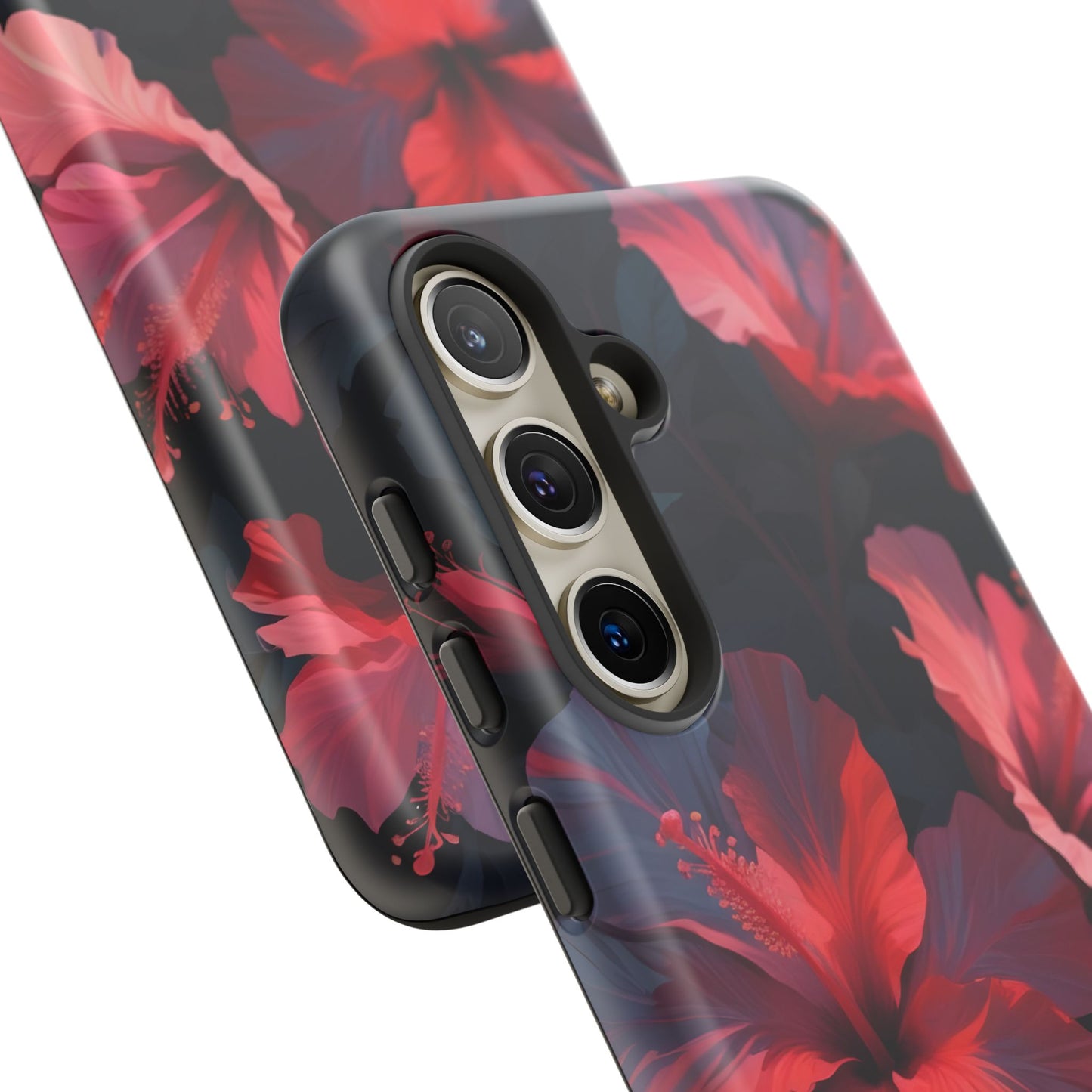 Vibrant red and pink hibiscus flowers blooming against a dark background| Floral phone case design
