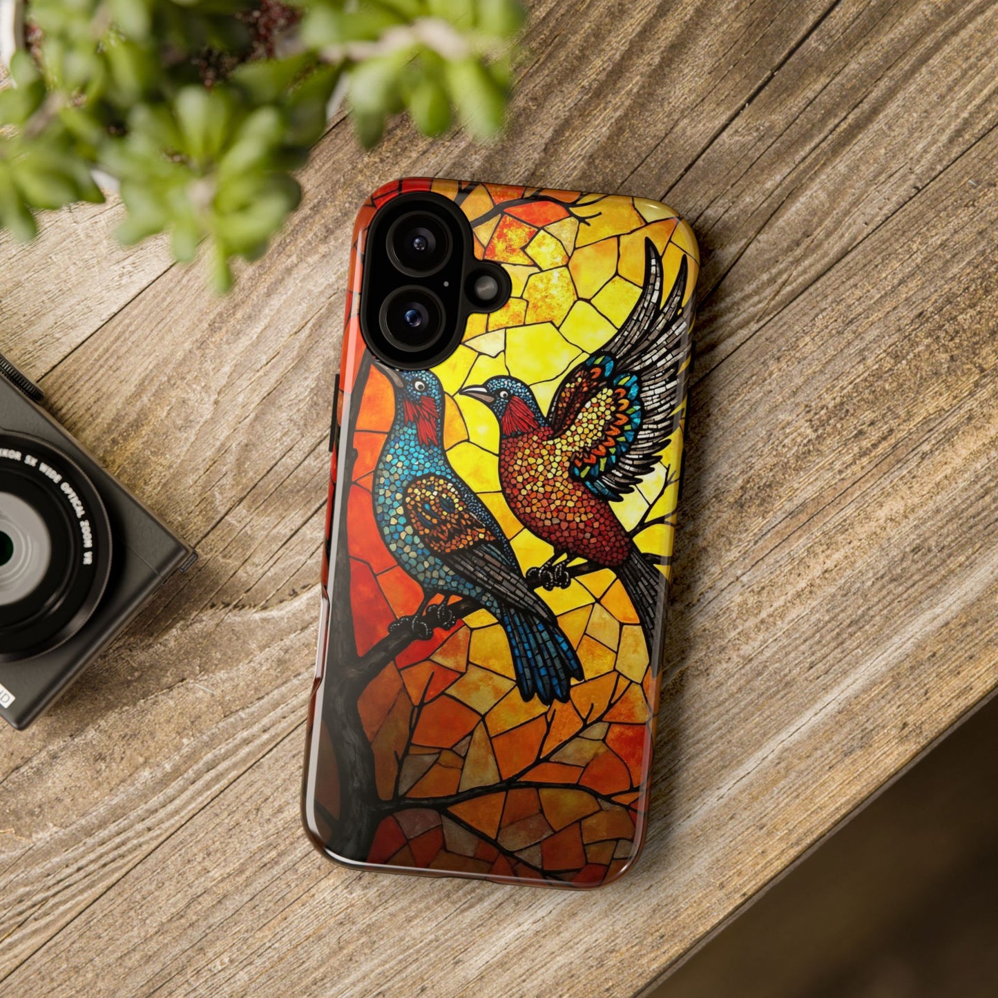 Vibrant Hummingbirds with Stained Glass Charm