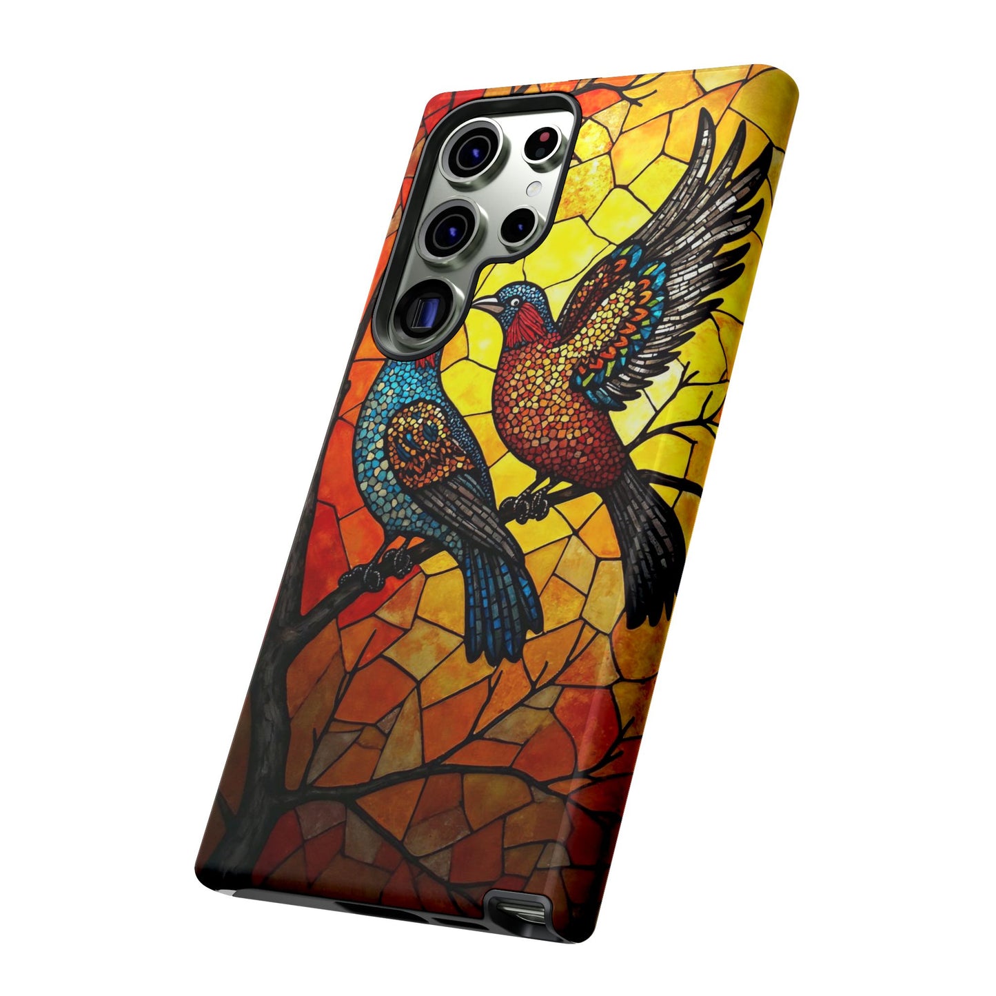 Vibrant Hummingbirds with Stained Glass Charm