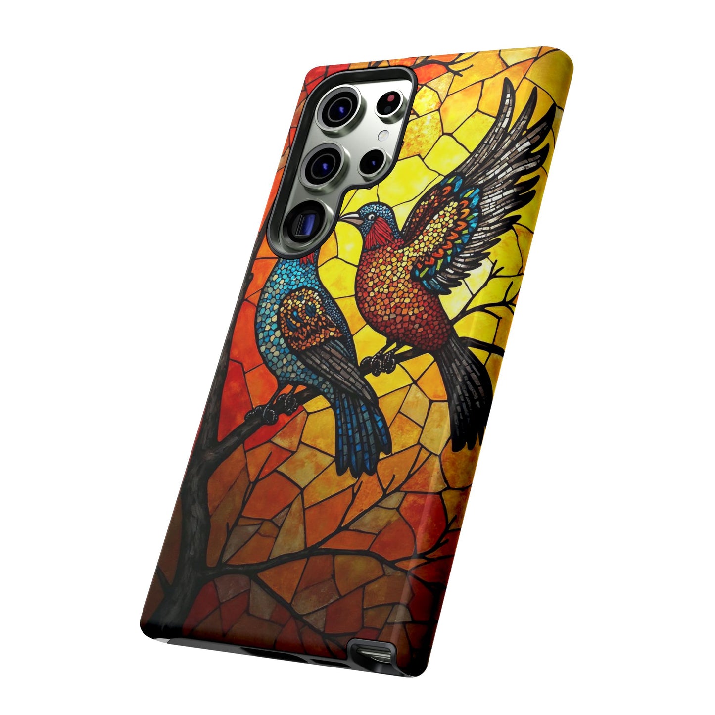 Vibrant Hummingbirds with Stained Glass Charm