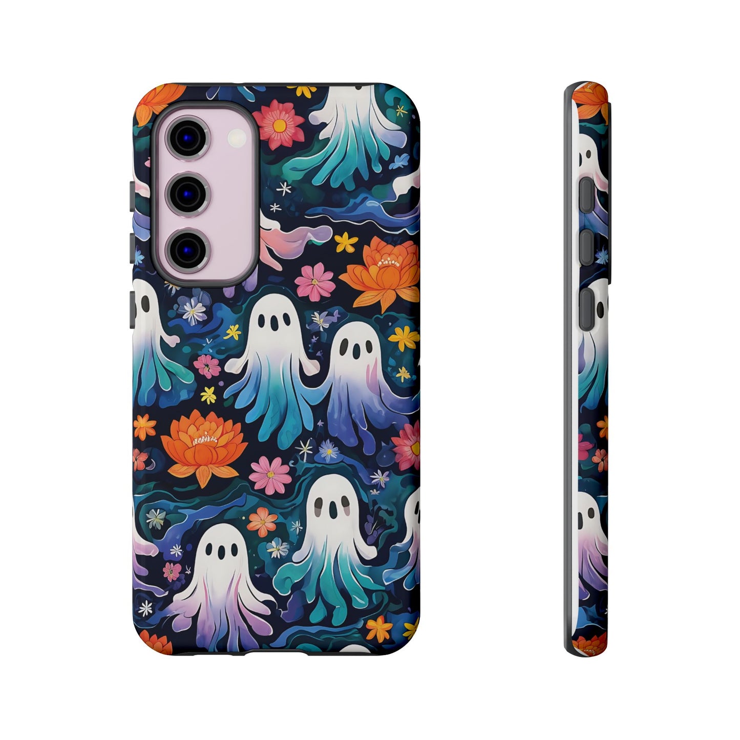 Whimsical Pattern Of Ghosts And Colorful Flowers phone case design.