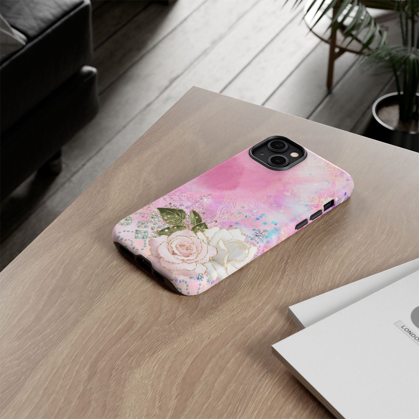 Luxury Pink & White Rose Glitter Mobile Case – Elegant & Shimmering Design