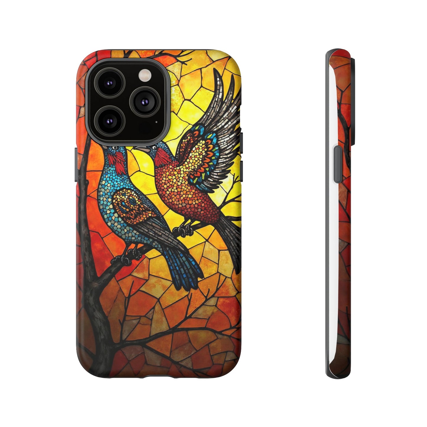 Vibrant Hummingbirds with Stained Glass Charm