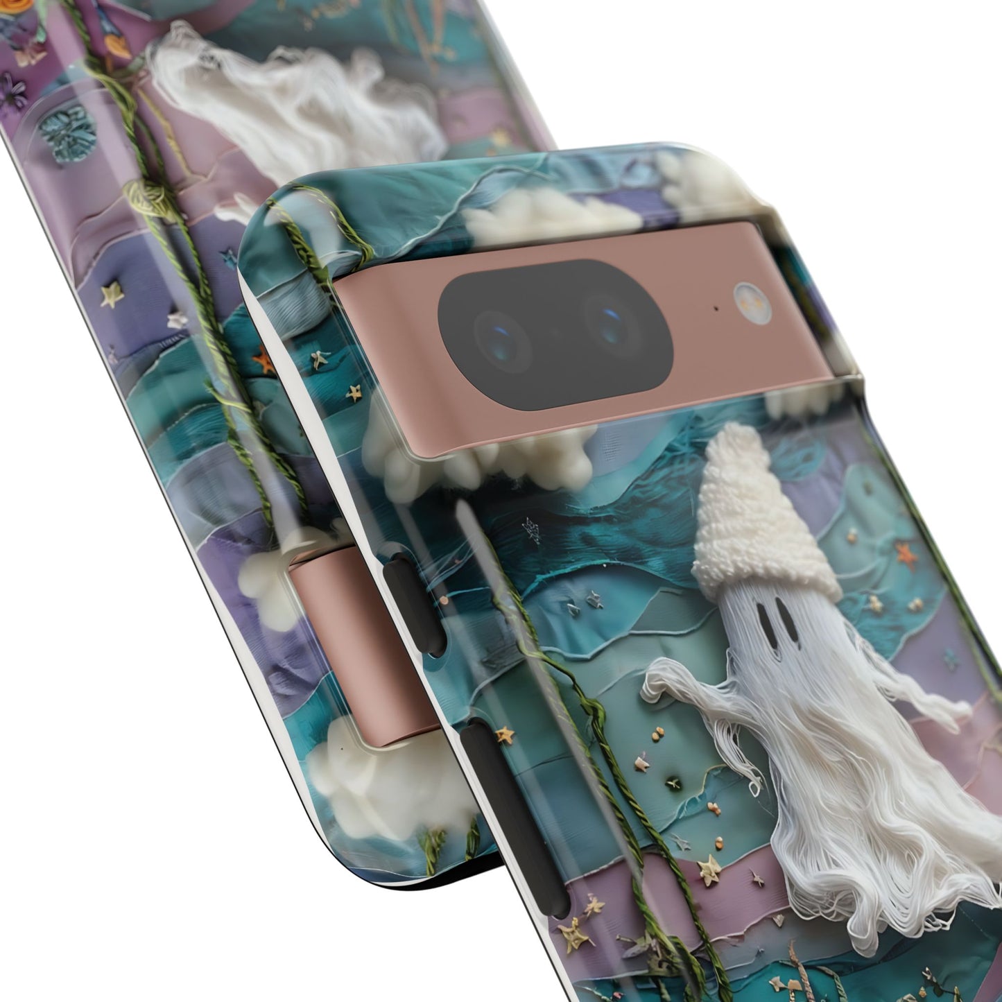 Whimsical Ghost Surrounded By Vibrant Embroidered Flowers phone case design.