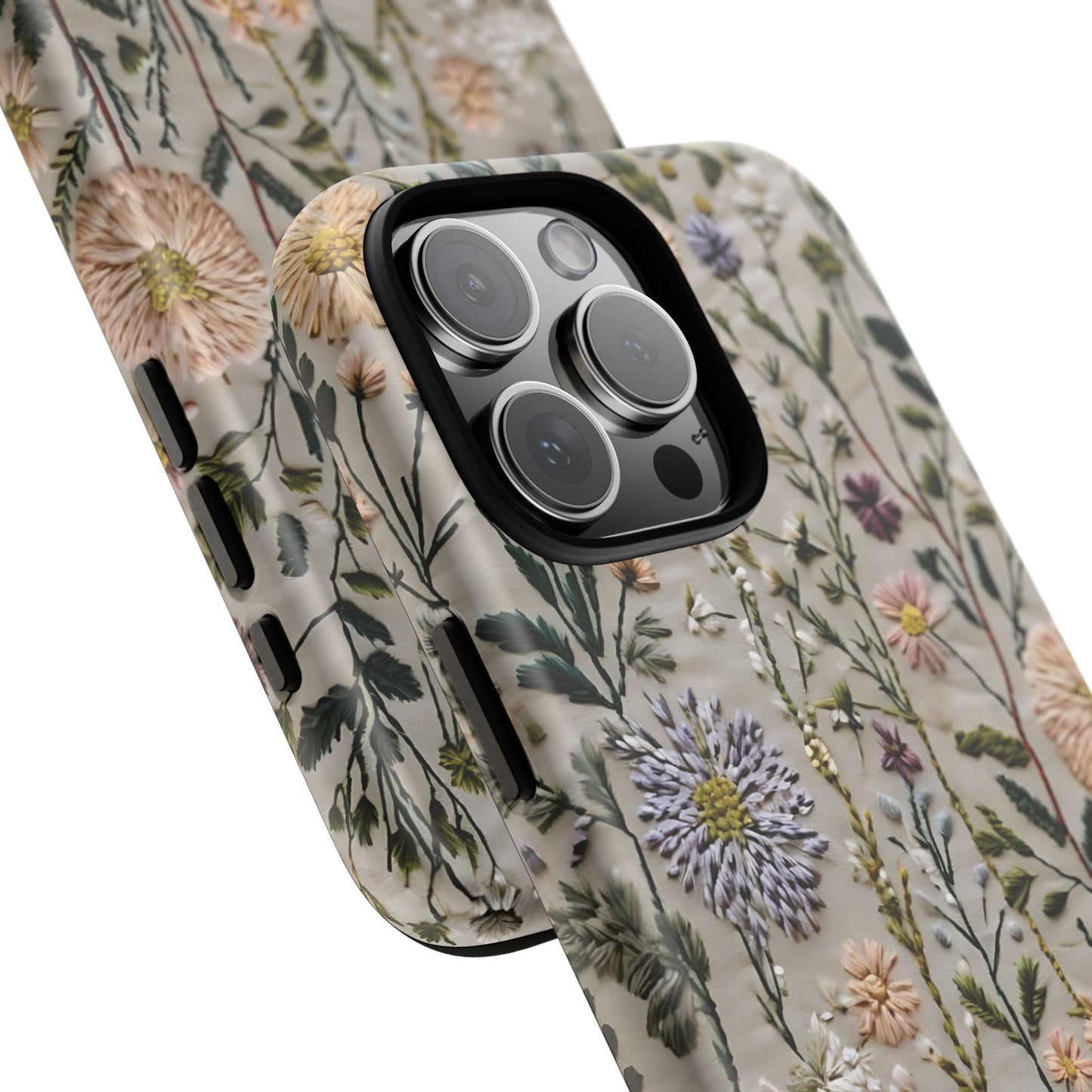 Intricate Embroidery Artwork Featuring Botanical Elements On Beige phone case design.