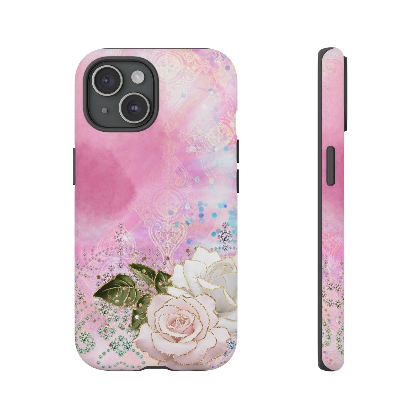 Luxury Pink & White Rose Glitter Mobile Case – Elegant & Shimmering Design