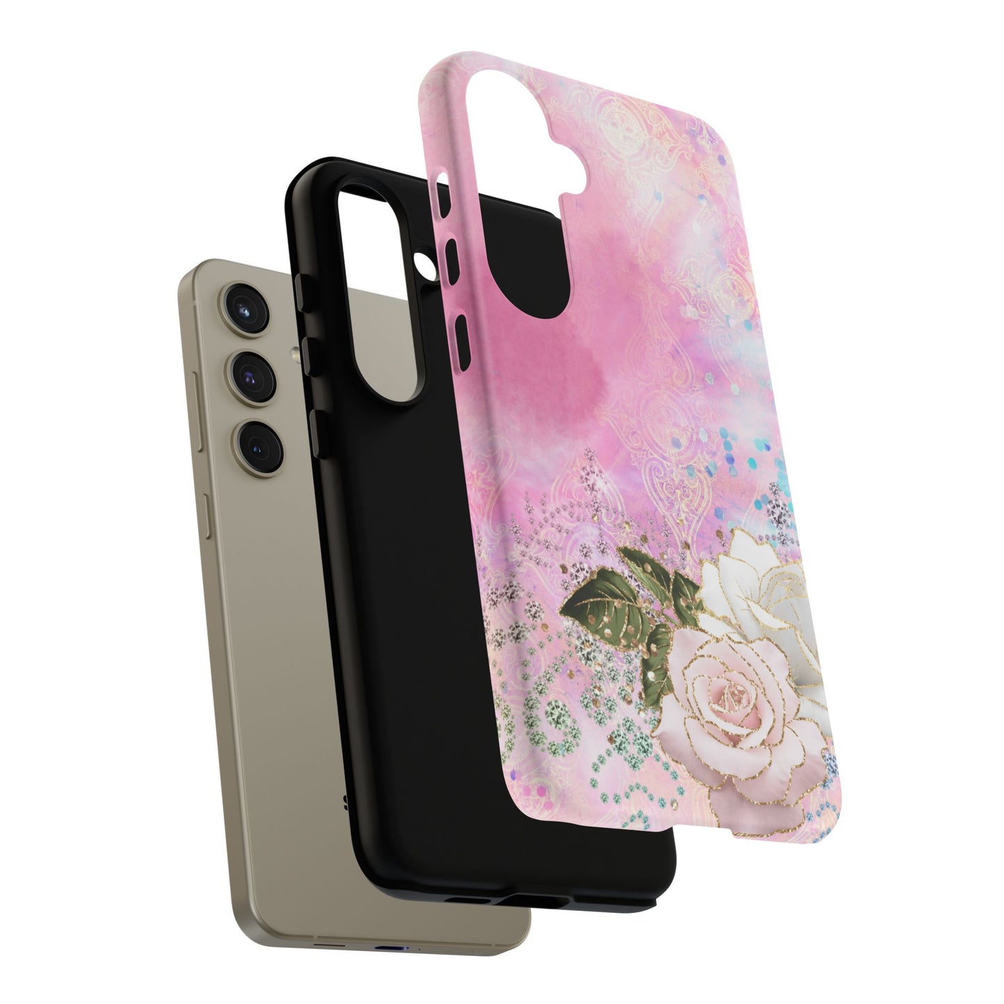 Luxury Pink & White Rose Glitter Mobile Case – Elegant & Shimmering Design