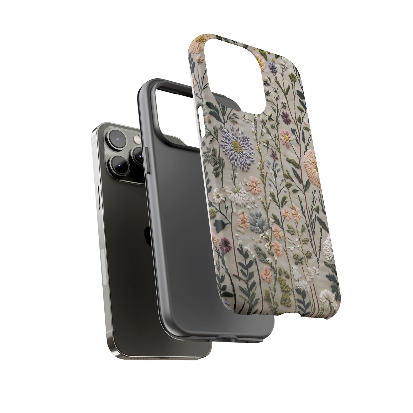 Intricate Embroidery Artwork Featuring Botanical Elements On Beige phone case design.