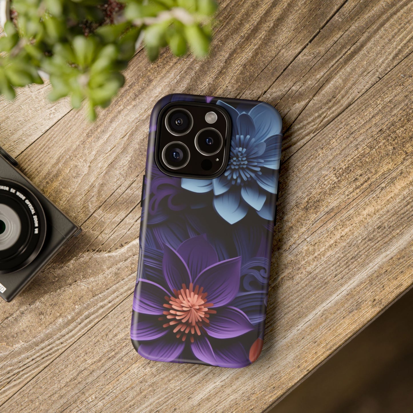 3D Floral Elegance Mobile Case – Midnight Blue & Purple Bloom