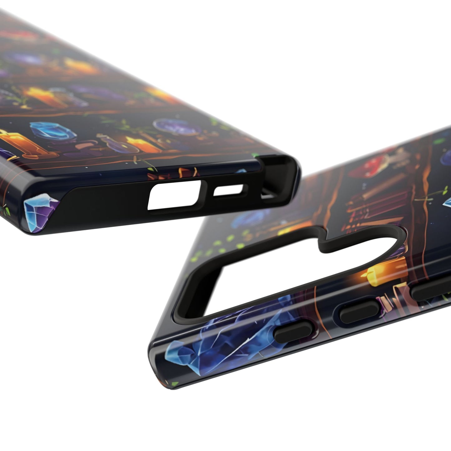 Fantasy Seamless Pattern Of Wooden Shelves Filled With Mystical Items phone case design.