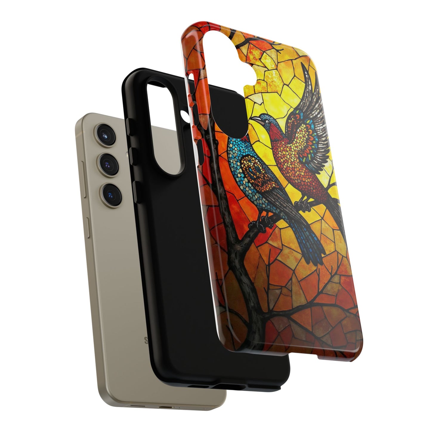 Vibrant Hummingbirds with Stained Glass Charm
