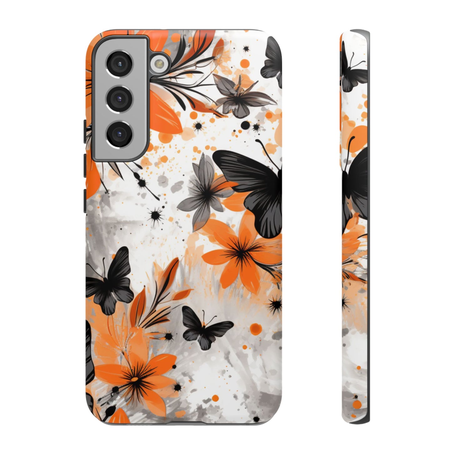 Bold Butterfly & Floral Splash Mobile Cover – Black & Orange Aesthetic