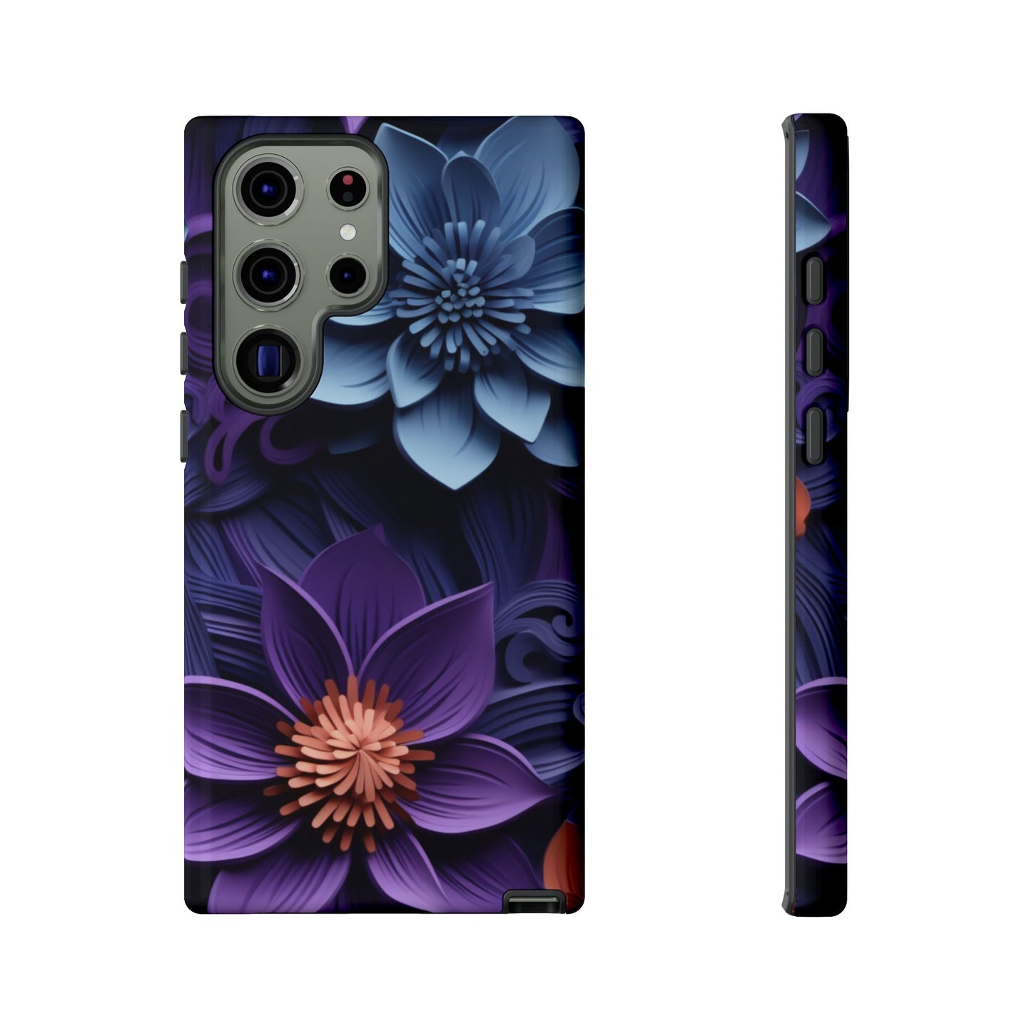 3D Floral Elegance Mobile Case – Midnight Blue & Purple Bloom