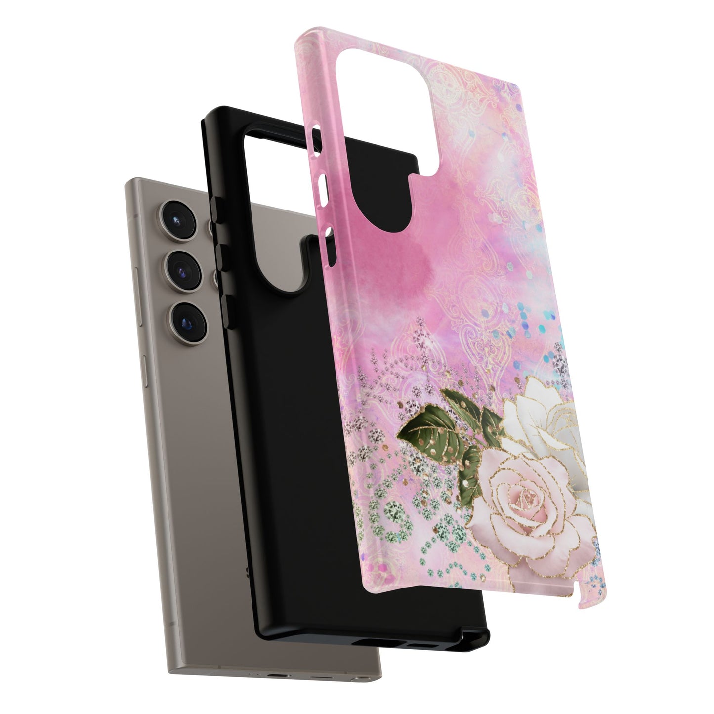 Luxury Pink & White Rose Glitter Mobile Case – Elegant & Shimmering Design