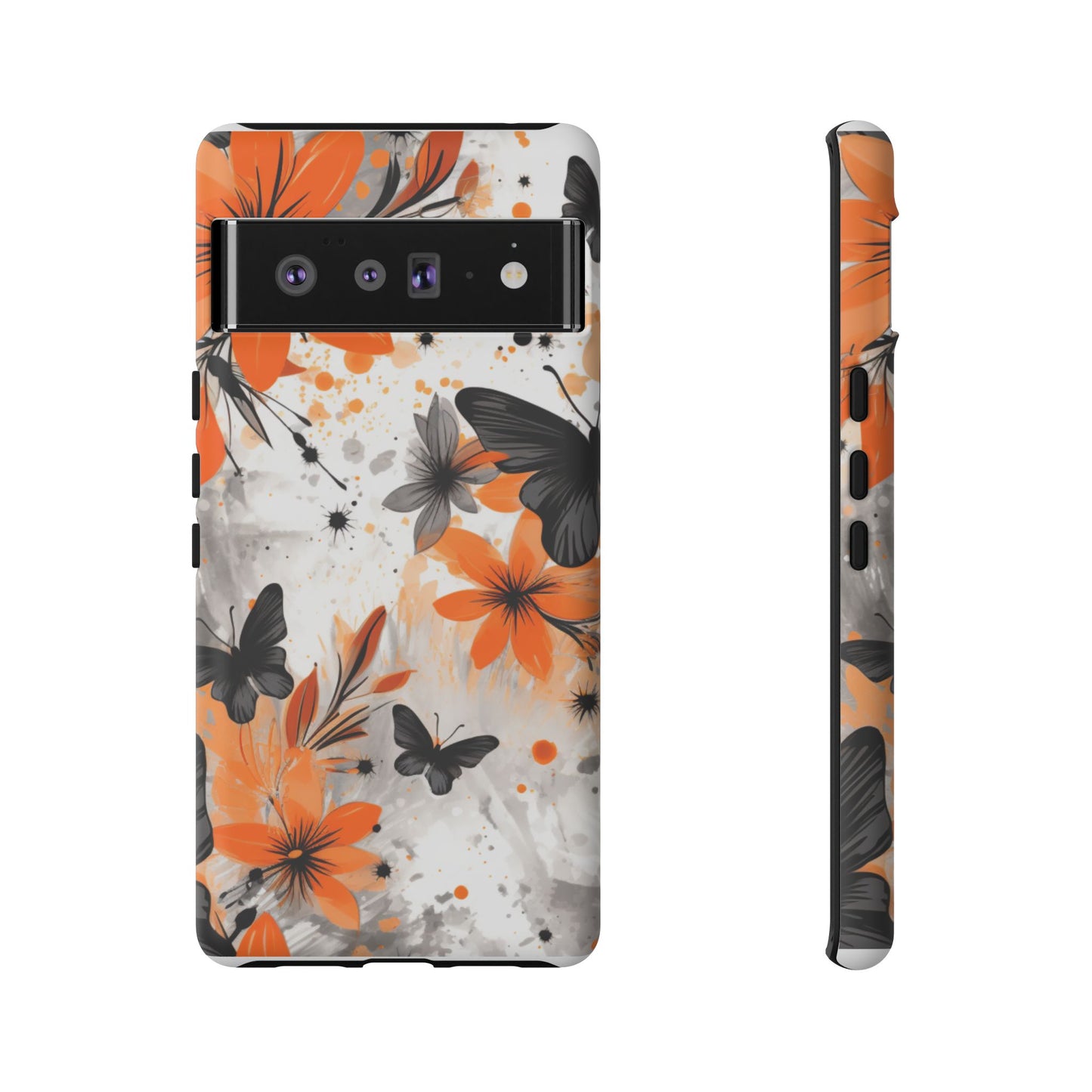 Bold Butterfly & Floral Splash Mobile Cover – Black & Orange Aesthetic