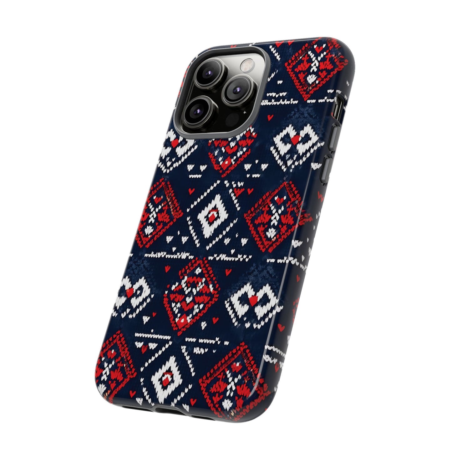 Knitted Pattern With Diamonds And Festive Motifs On Navy phone case design.