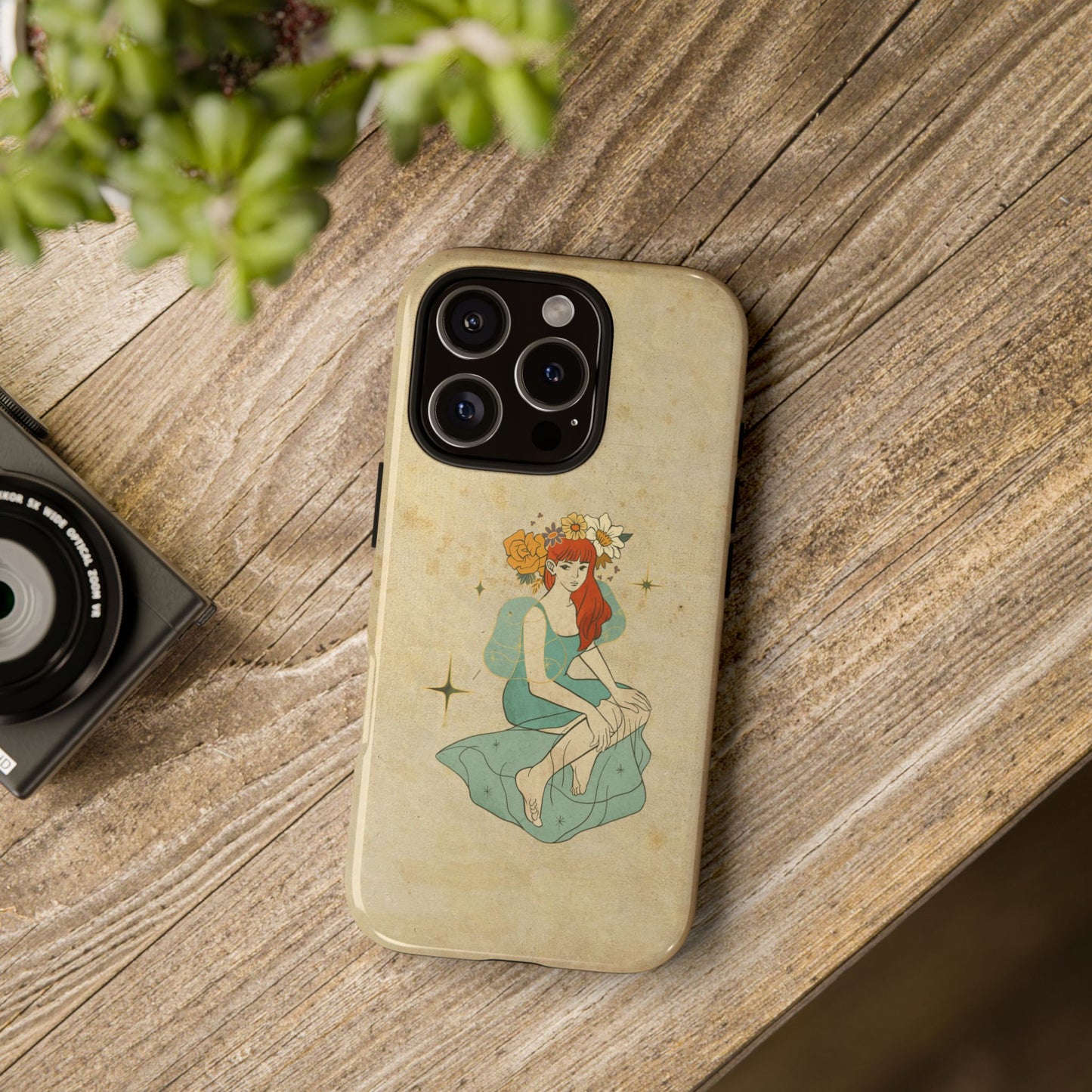 Vintage Aesthetic Phone Case – Cute Girl with Flower Crown | Minimal Beige Cover for iPhone, Samsung & Pixel