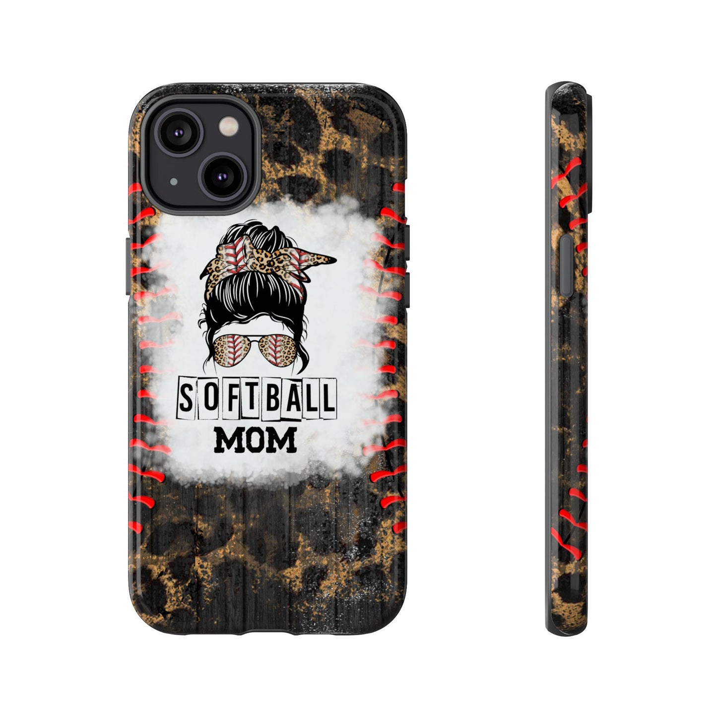 Softball Mom Phone Case for iPhone, Samsung & Google Pixel, Messy Bun Phone Case, Leopard Print Phone Case, Sports Lover Gift