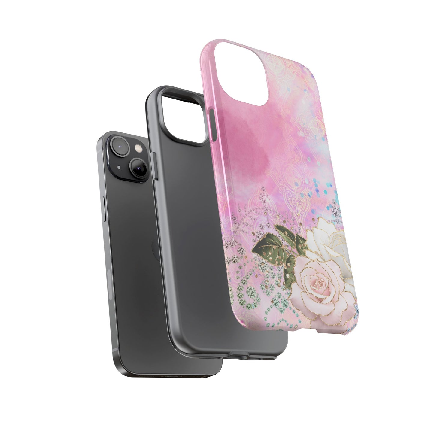 Luxury Pink & White Rose Glitter Mobile Case – Elegant & Shimmering Design