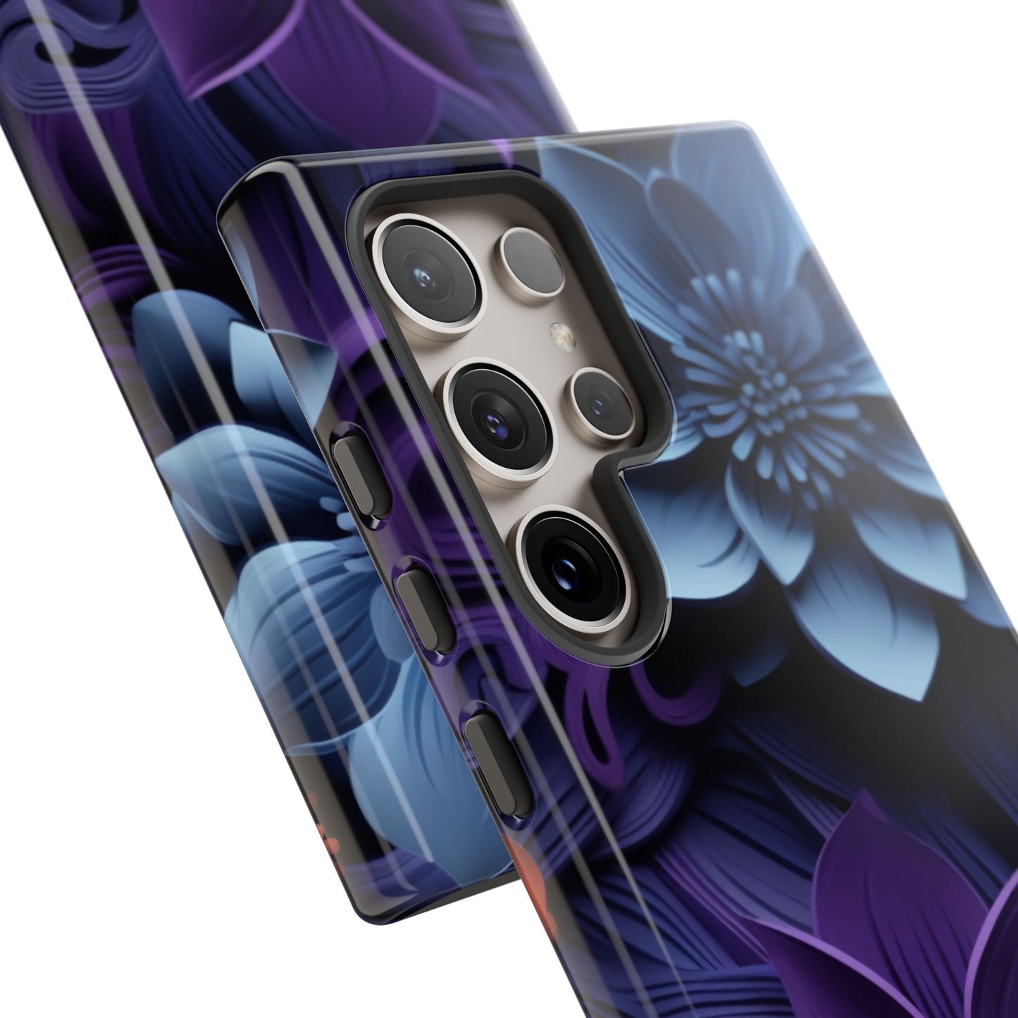 3D Floral Elegance Mobile Case – Midnight Blue & Purple Bloom