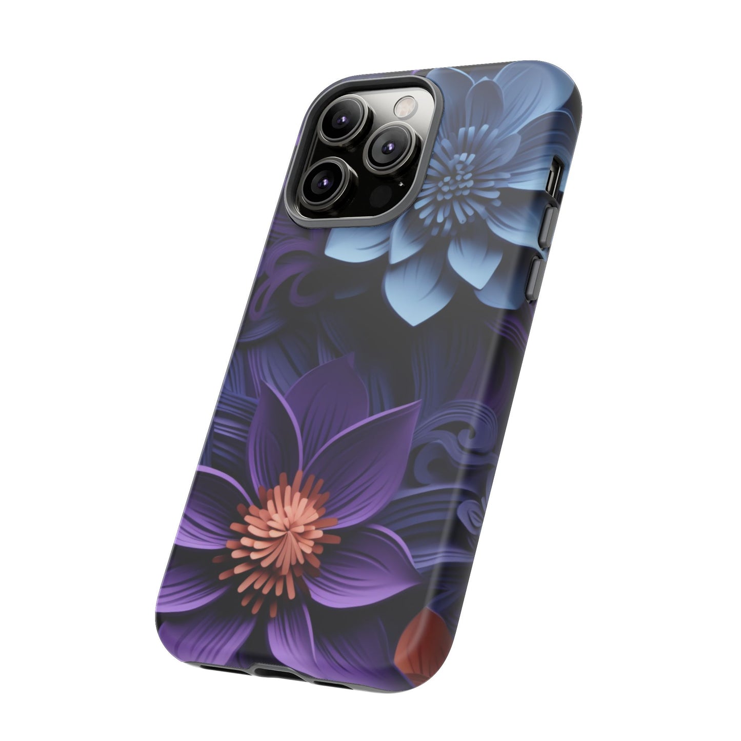 3D Floral Elegance Mobile Case – Midnight Blue & Purple Bloom
